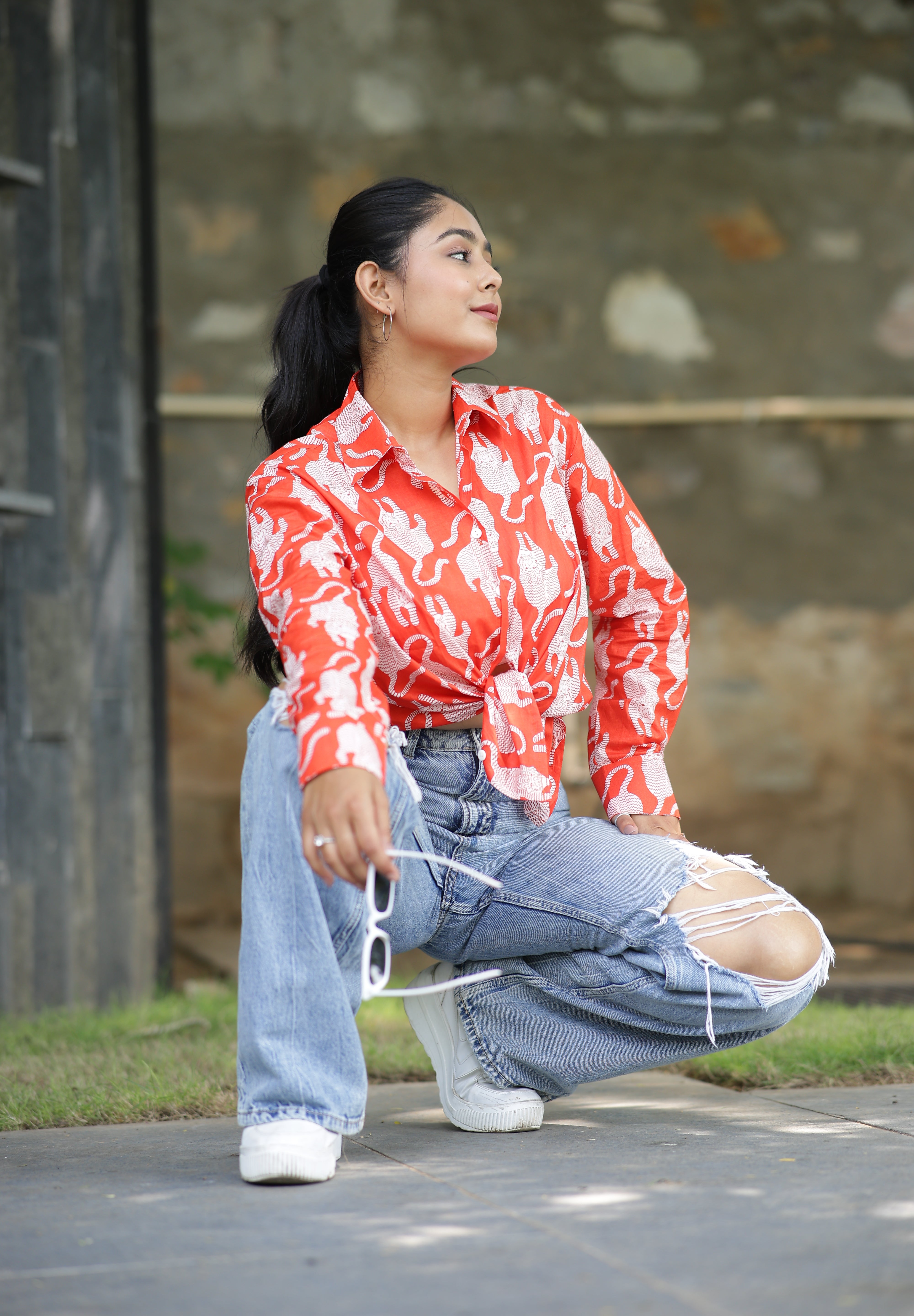 Leopard on Orange Print 100% Cotton Full Sleeves Women's Shirt