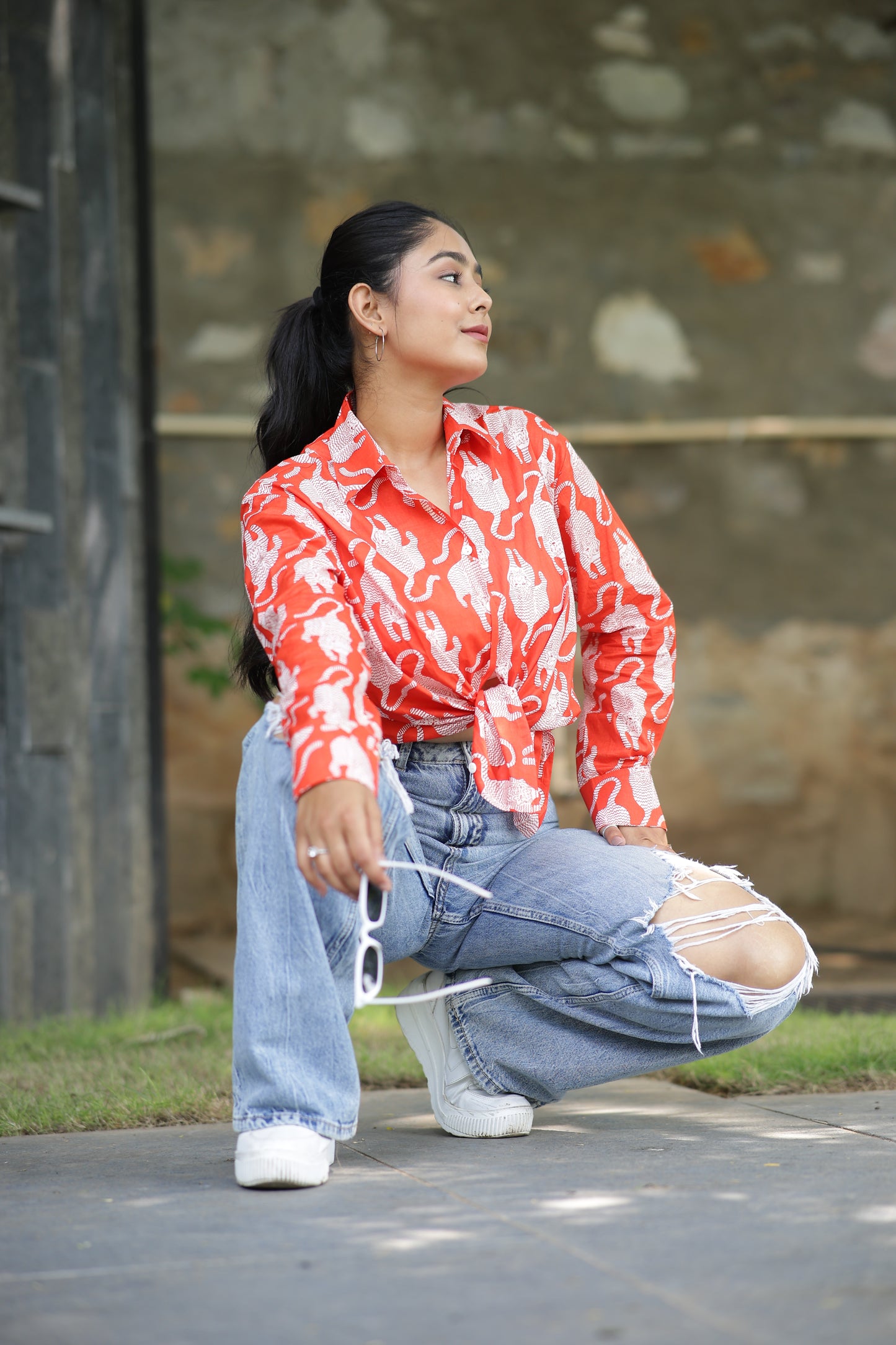 Leopard on Orange Print 100% Cotton Full Sleeves Women's Shirt