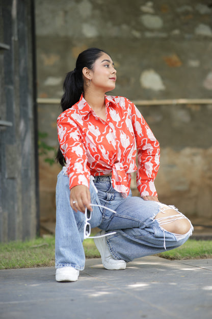 Leopard on Orange Print 100% Cotton Full Sleeves Women's Shirt