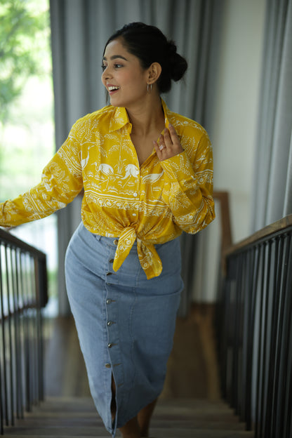 Yellow Safari Print 100% Cotton Full Sleeves Women's Shirt