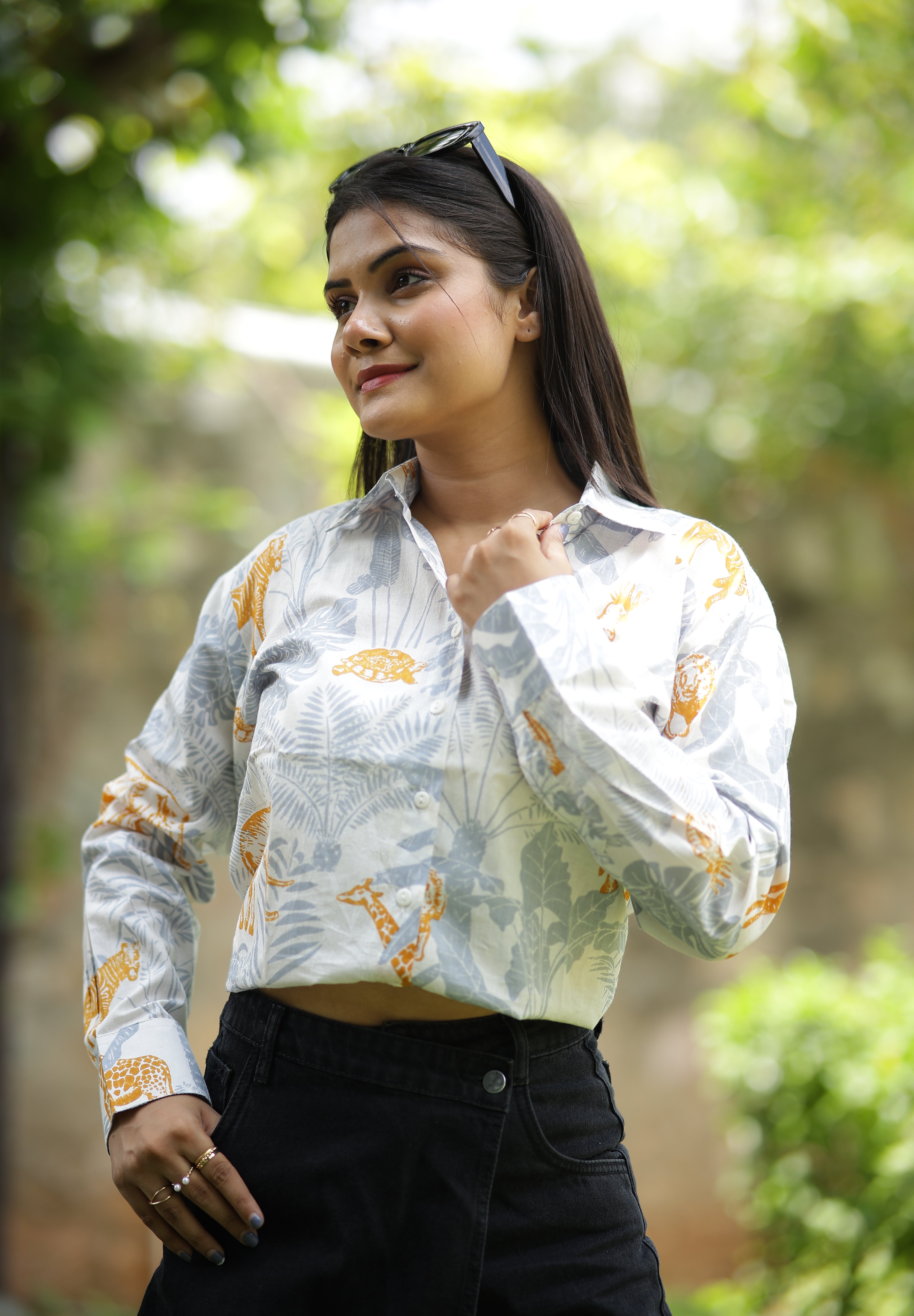 Grey and Yellow Forest 100% Cotton Full Sleeves Women's Shirt