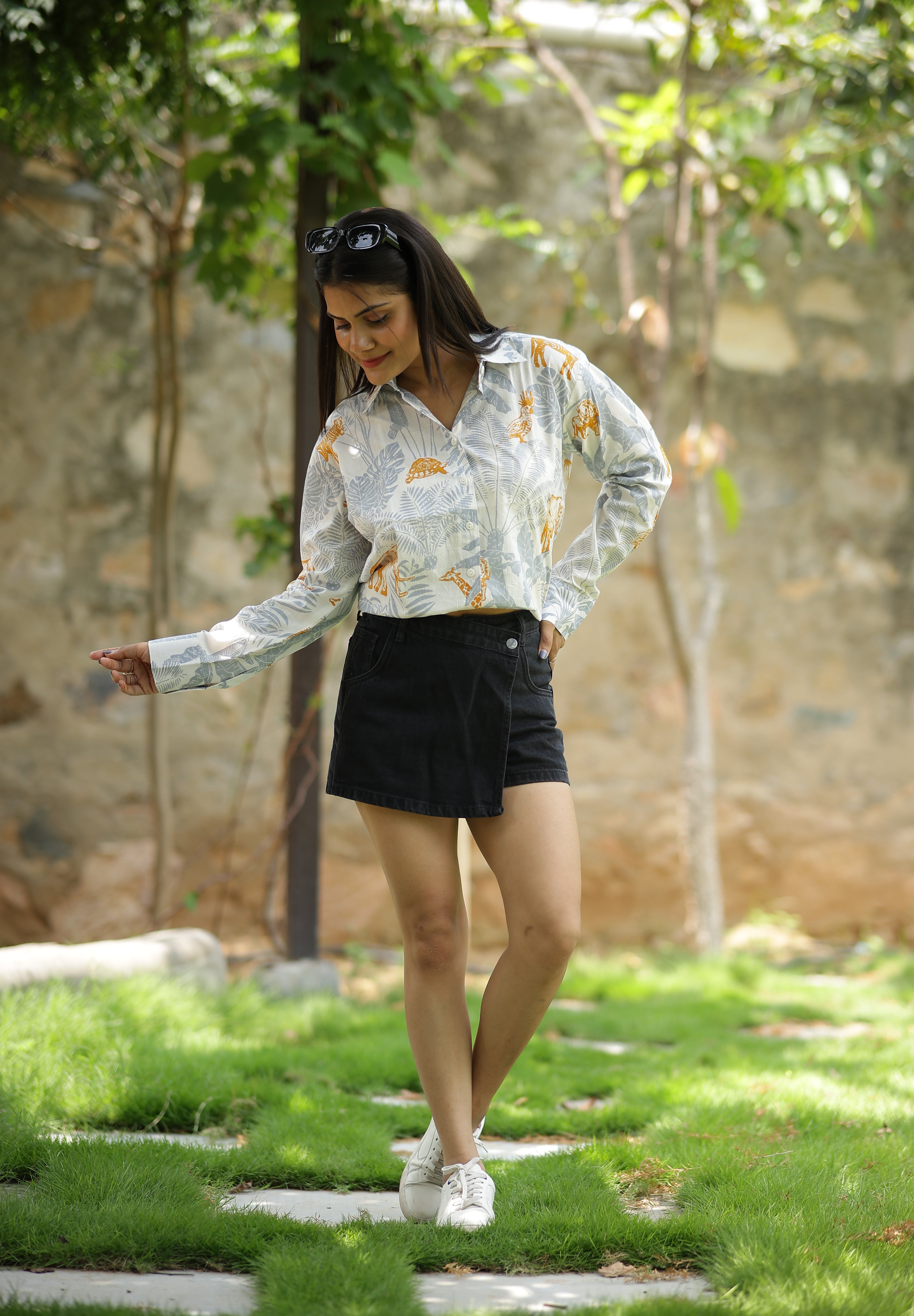 Grey and Yellow Forest 100% Cotton Full Sleeves Women's Shirt
