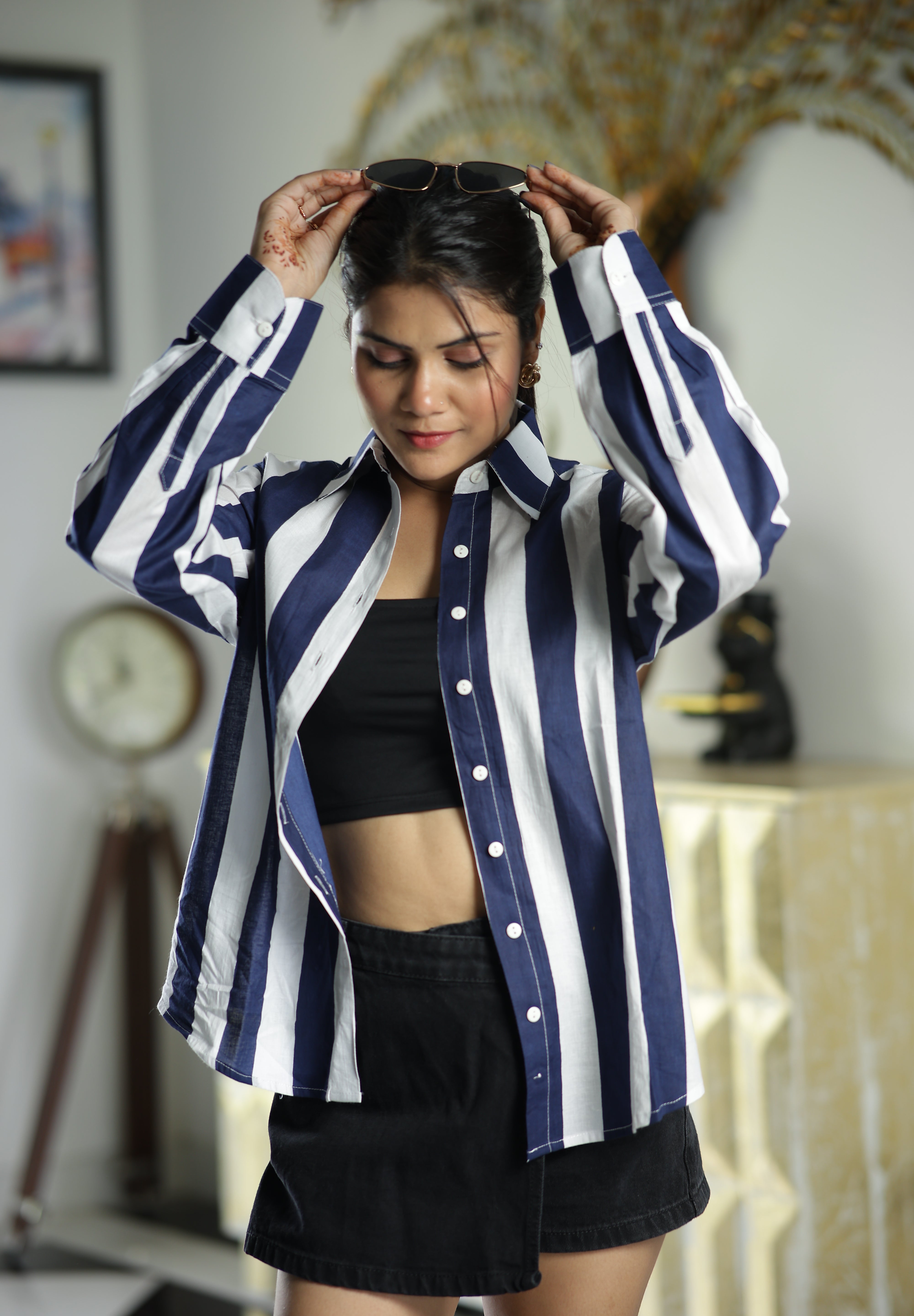 Navy and White Stripes 100% Cotton Full Sleeves Women's Shirt