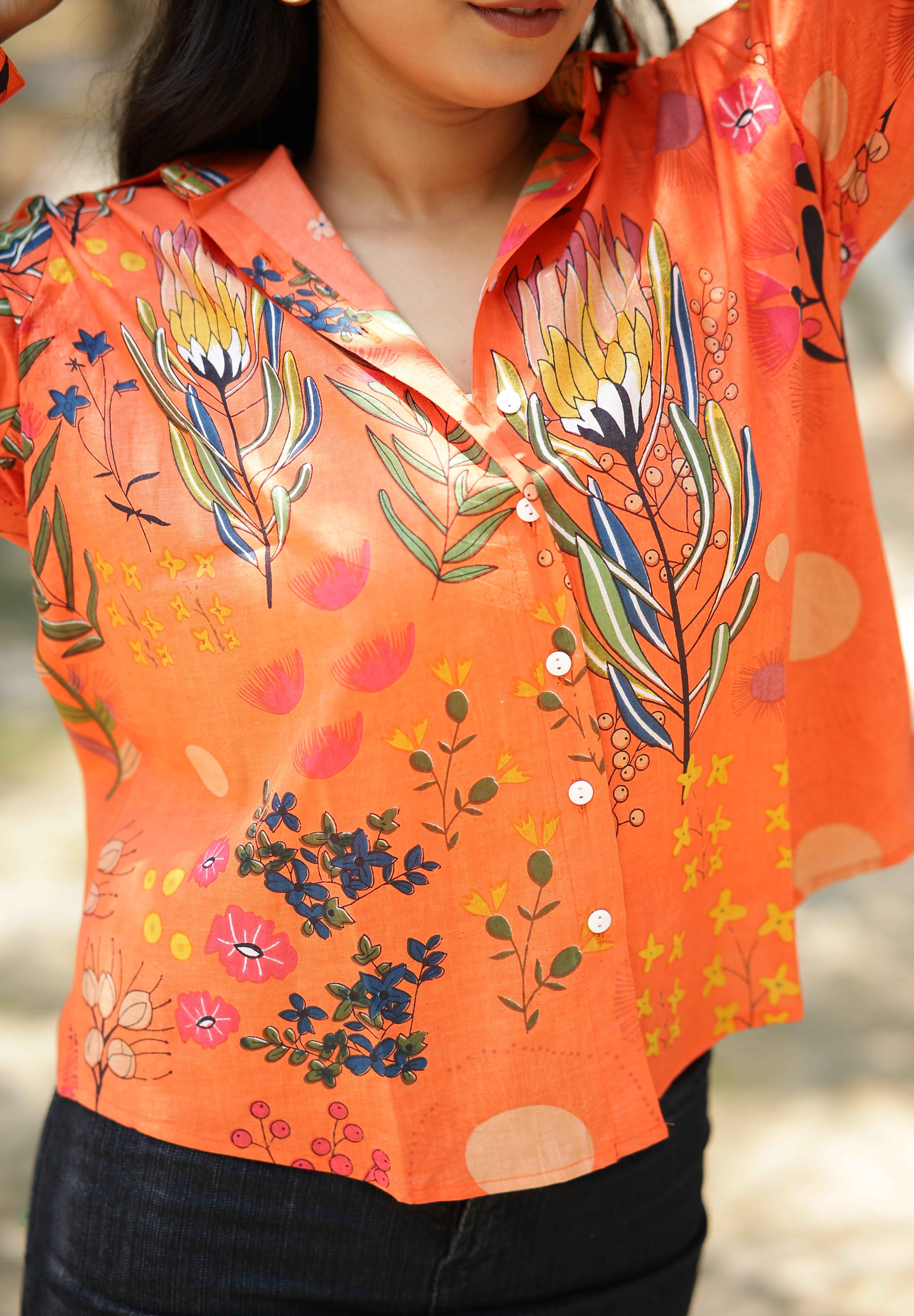 Fiesty Orange Fauna 100% Cotton Full Sleeves Women's Shirt
