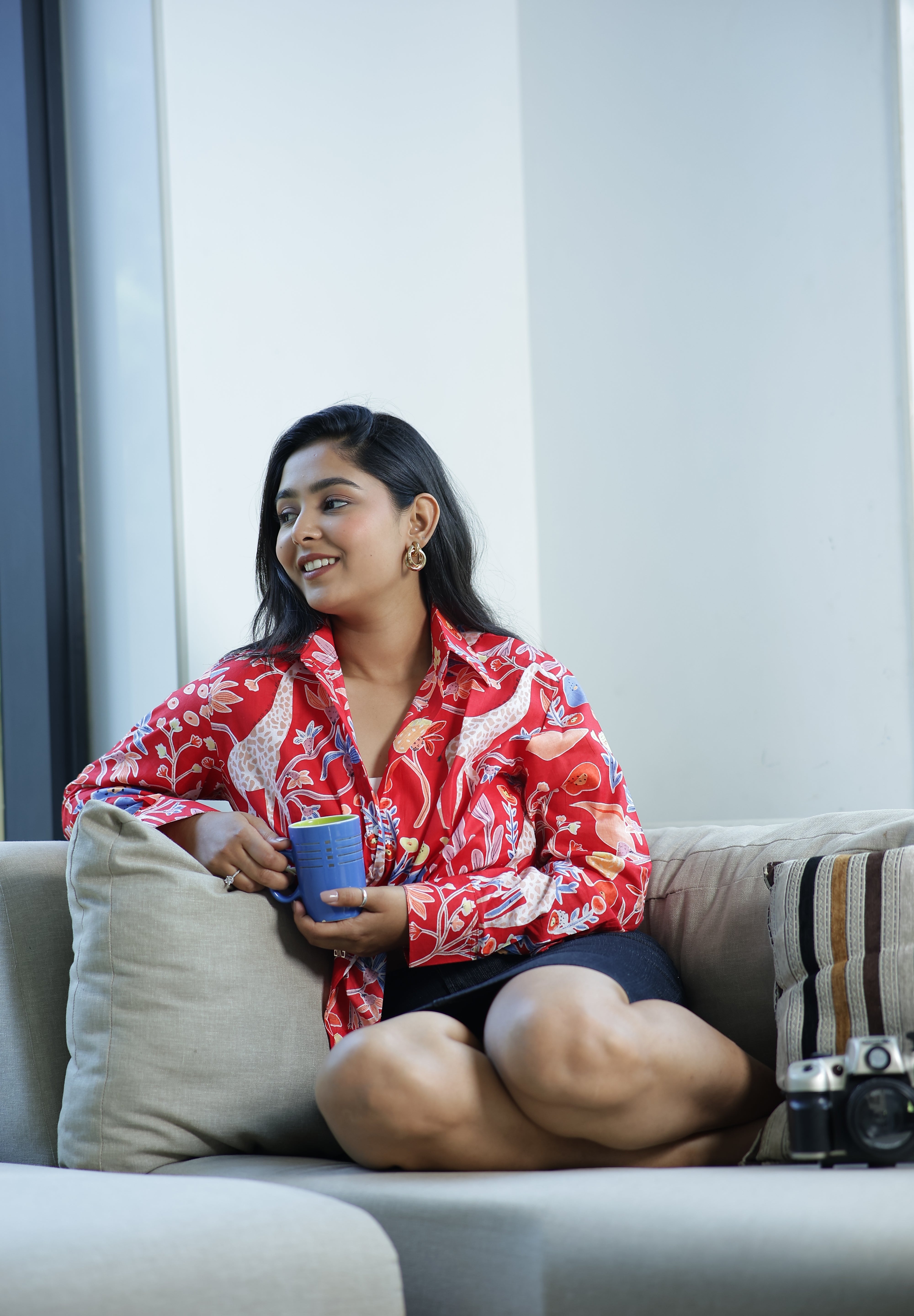 Red Safari Print 100% Cotton Full Sleeves Women's Shirt