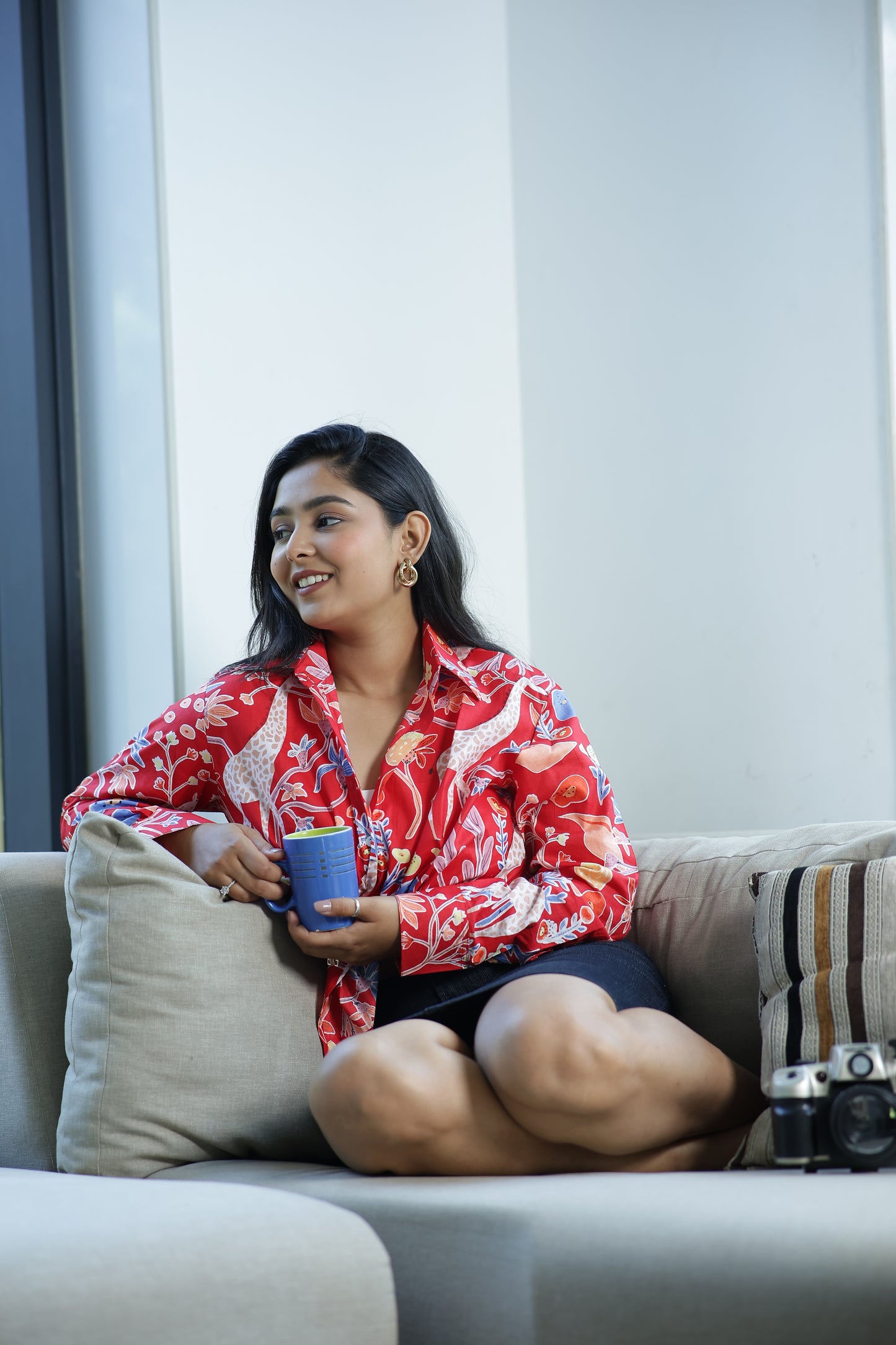 Red Safari Print 100% Cotton Full Sleeves Women's Shirt