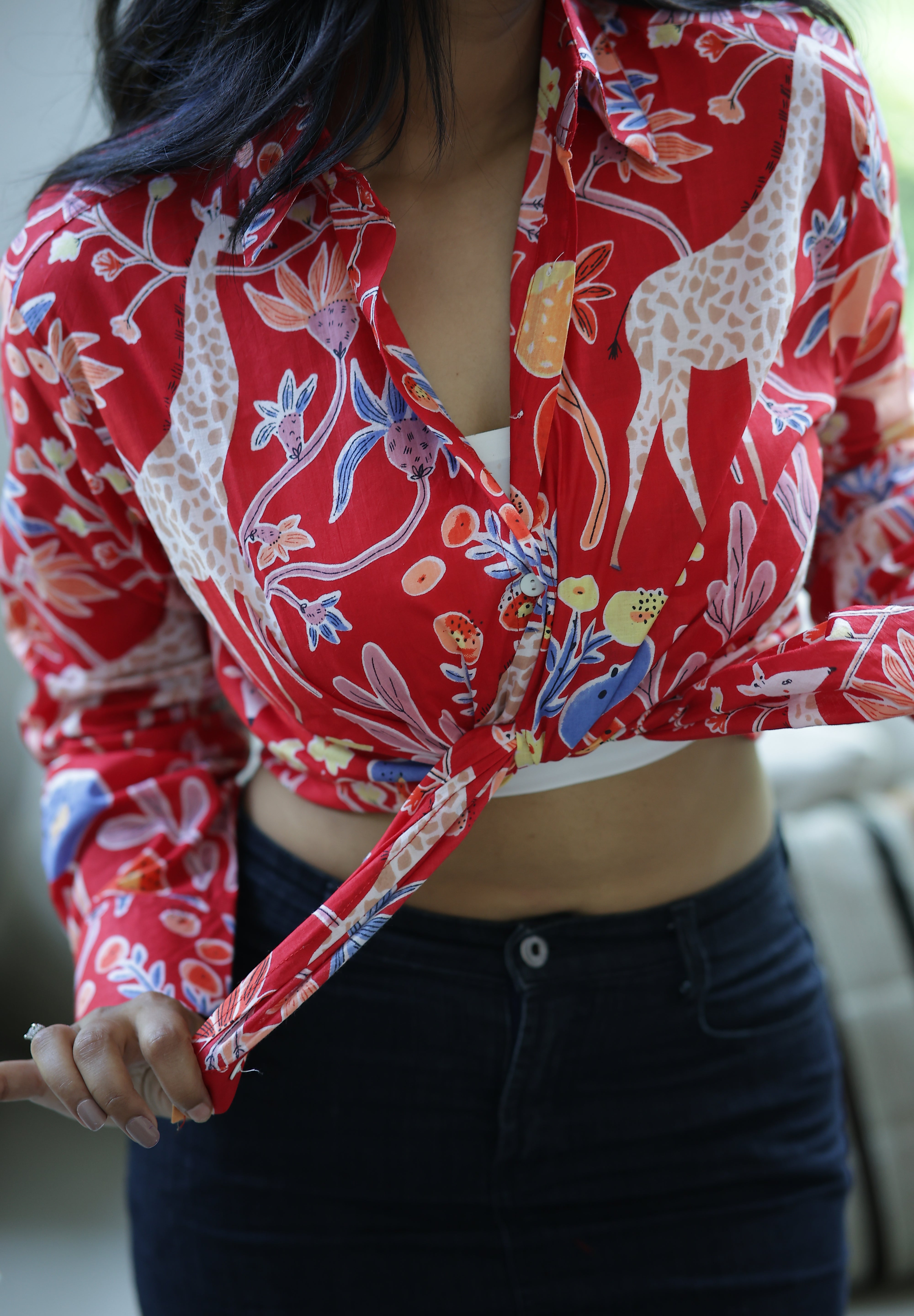 Red Safari Print 100% Cotton Full Sleeves Women's Shirt