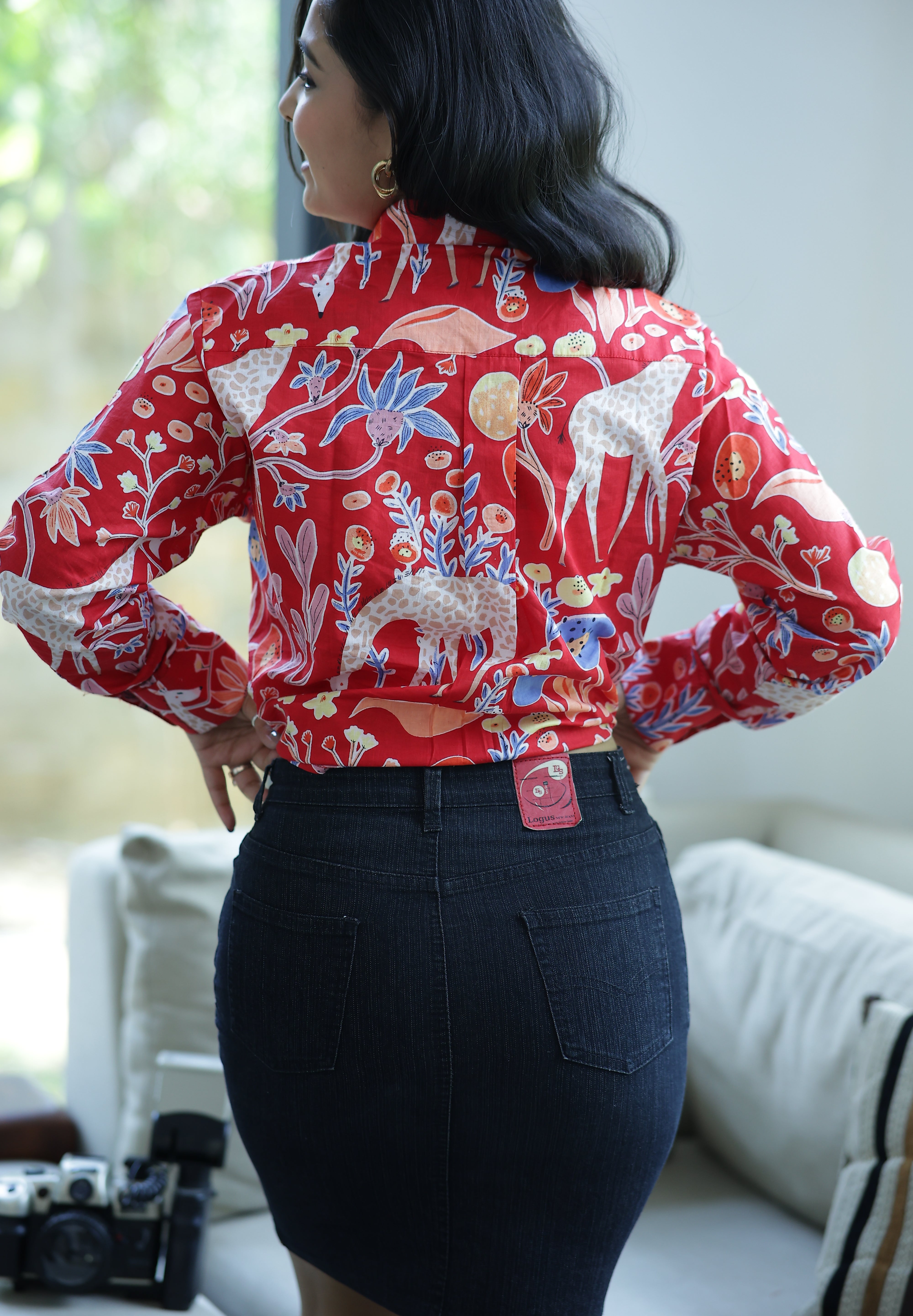 Red Safari Print 100% Cotton Full Sleeves Women's Shirt
