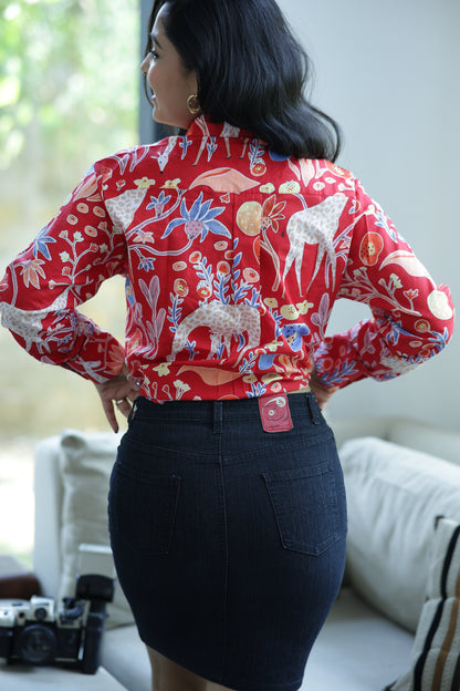 Red Safari Print 100% Cotton Full Sleeves Women's Shirt