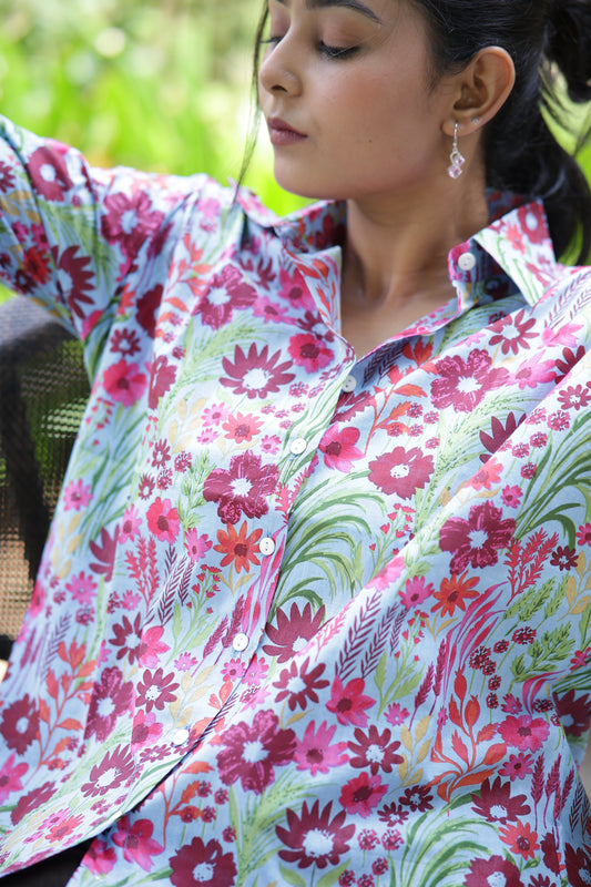 Purple Floral Print 100% Cotton Full Sleeves Women's Shirt