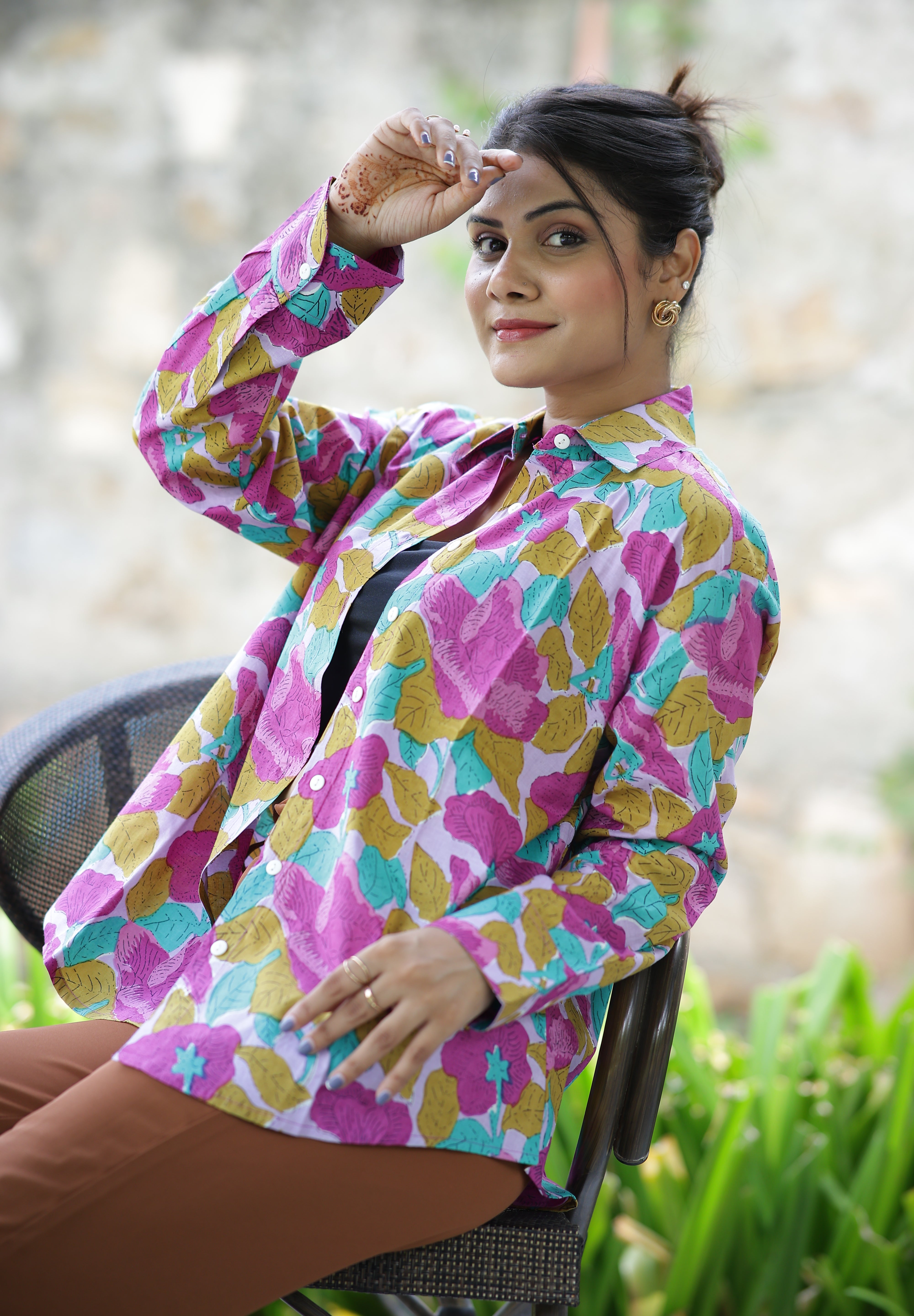 Purple Lillies Print 100% Cotton Full Sleeves Women's Shirt