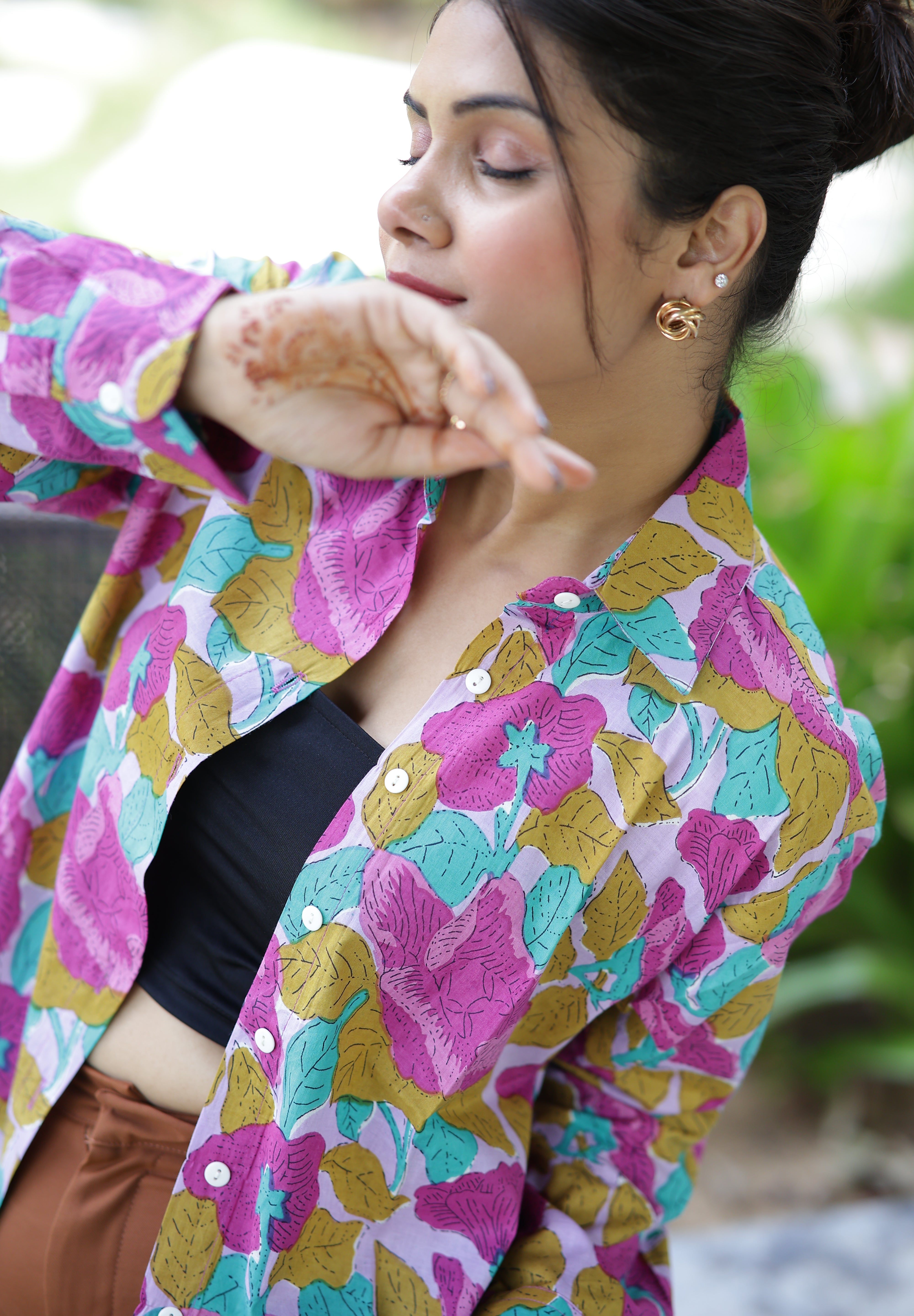 Purple Lillies Print 100% Cotton Full Sleeves Women's Shirt