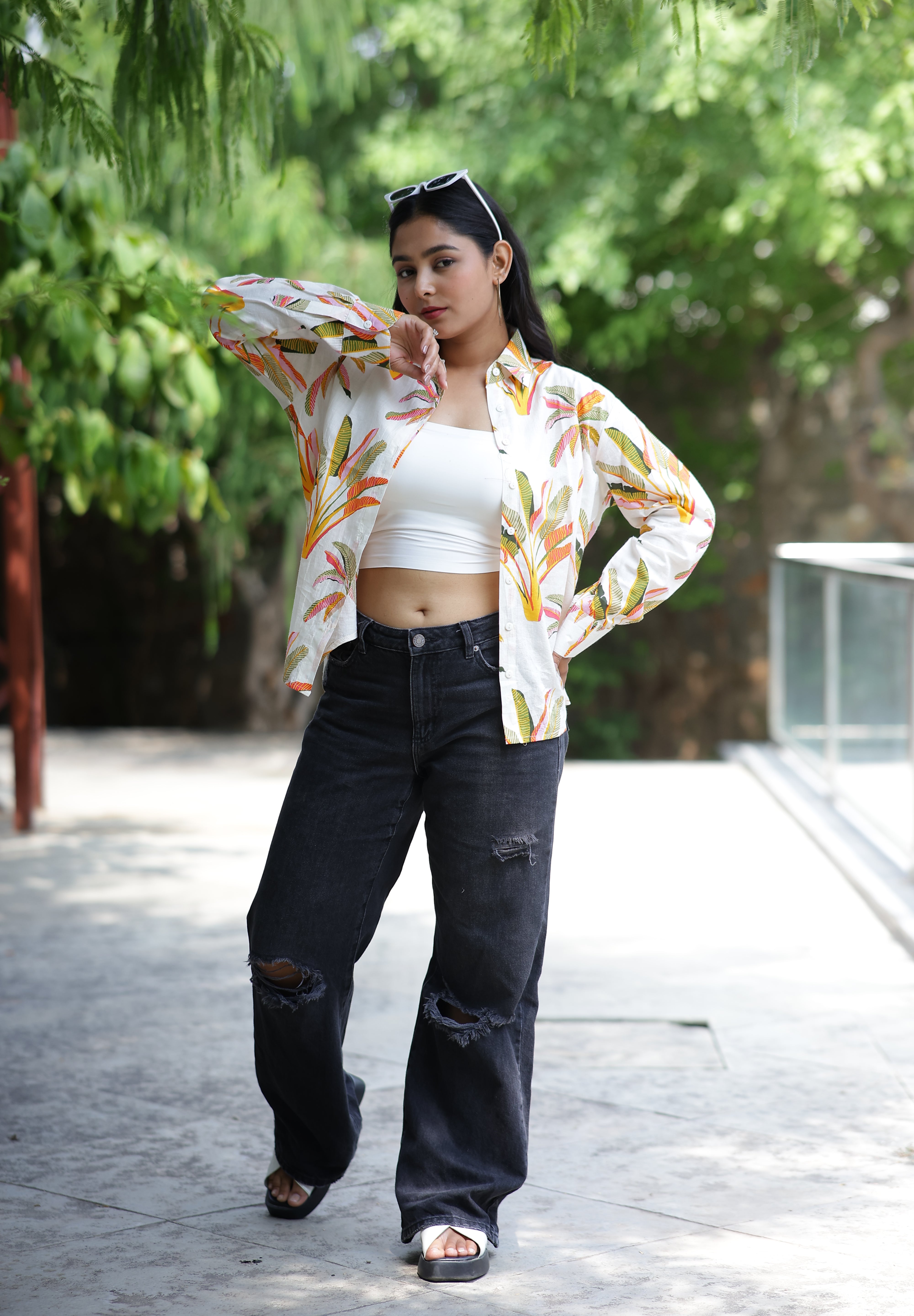 Palm Leaves on White Print 100% Cotton Full Sleeves Women's Shirt