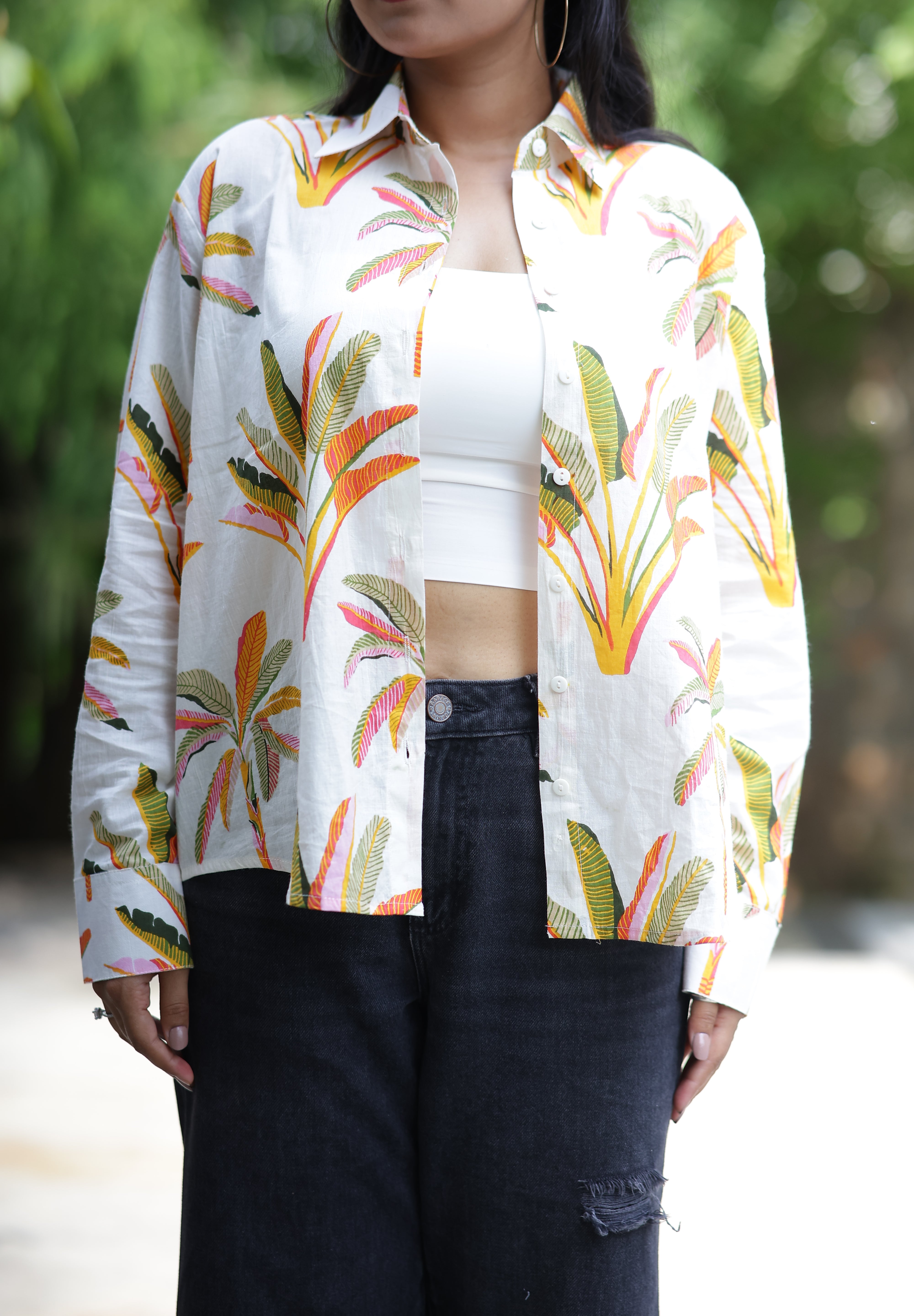 Palm Leaves on White Print 100% Cotton Full Sleeves Women's Shirt