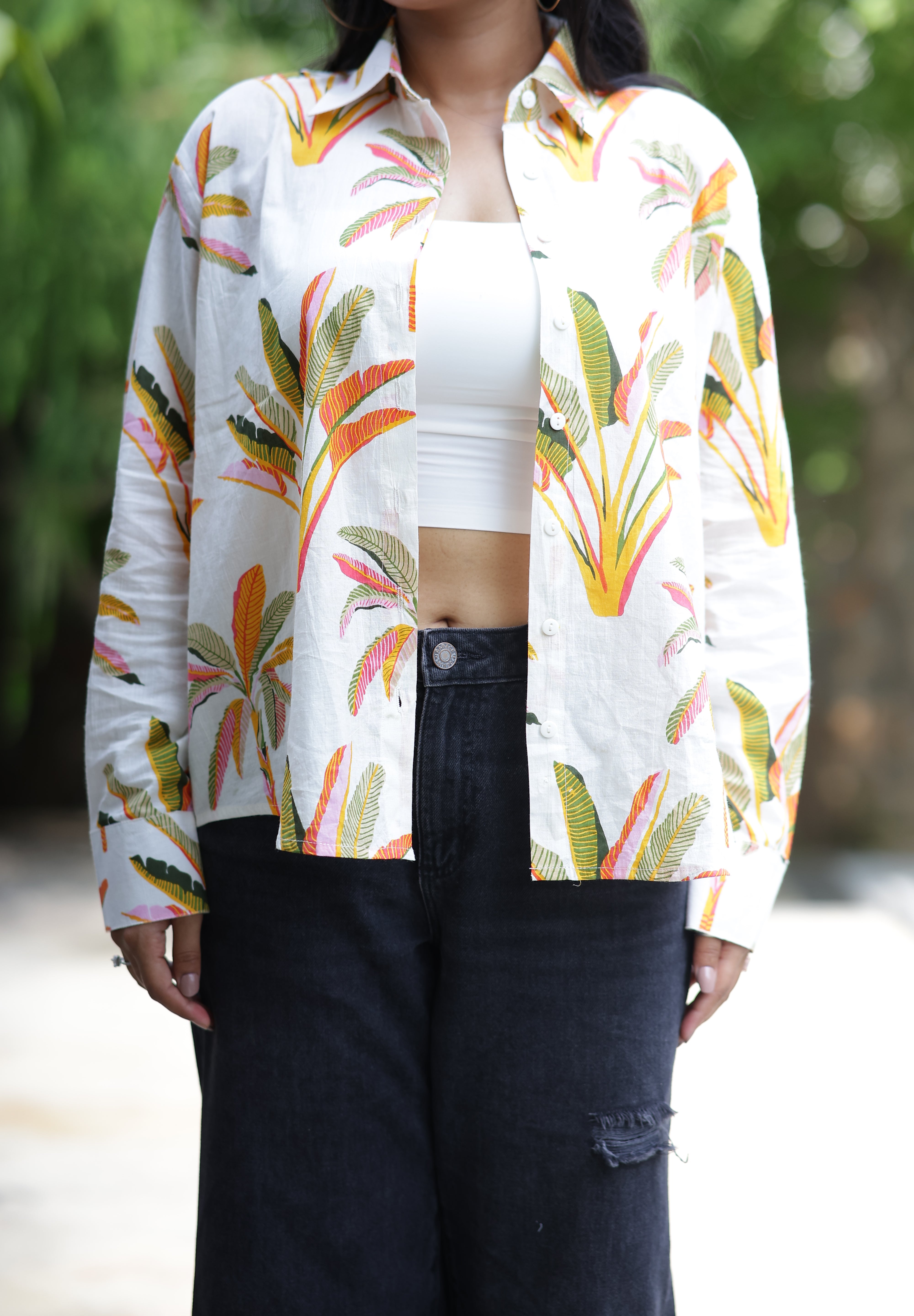 Palm Leaves on White Print 100% Cotton Full Sleeves Women's Shirt