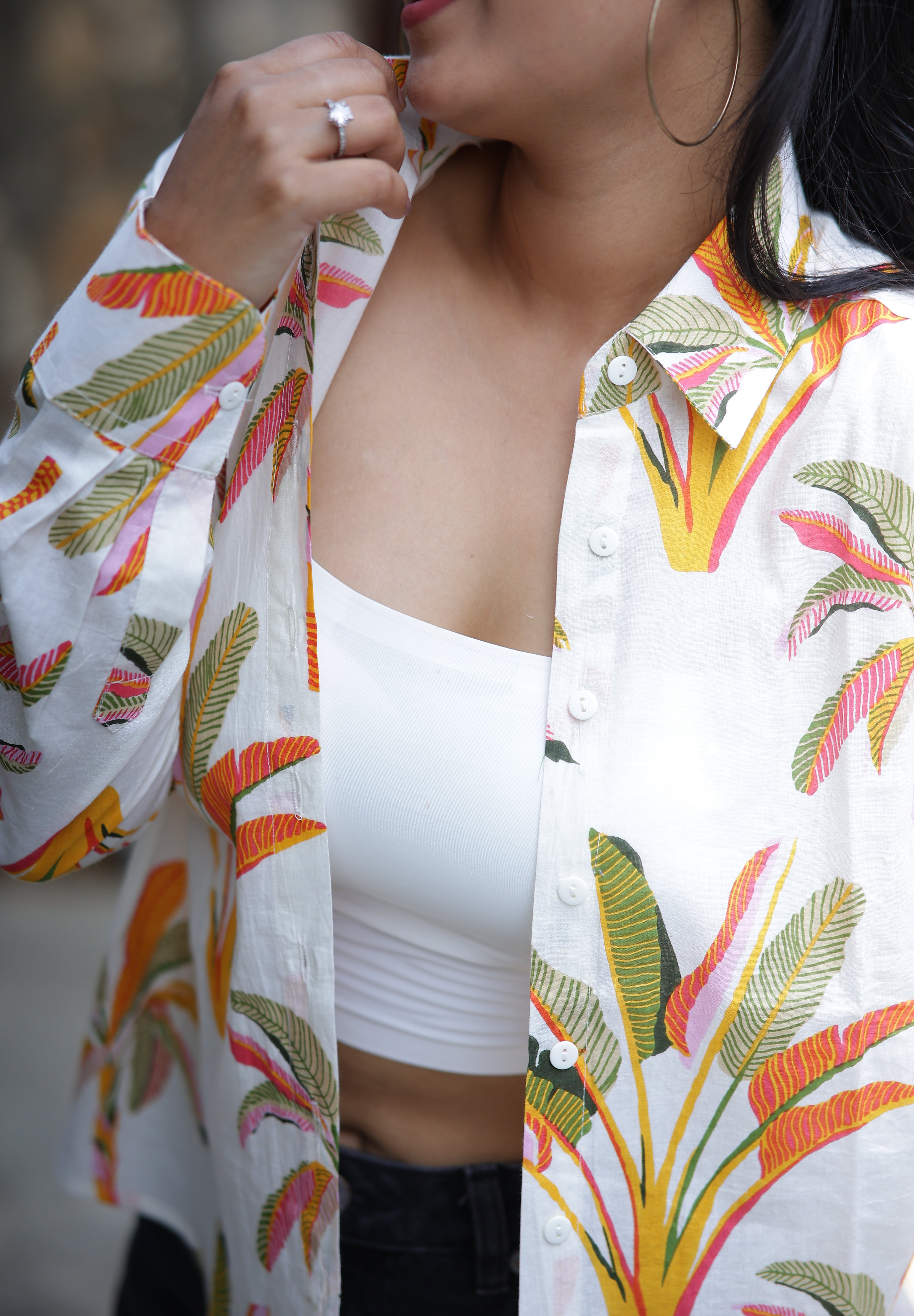 Palm Leaves on White Print 100% Cotton Full Sleeves Women's Shirt