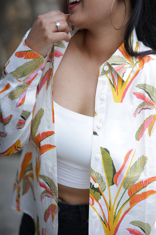 Palm Leaves on White Print 100% Cotton Full Sleeves Women's Shirt