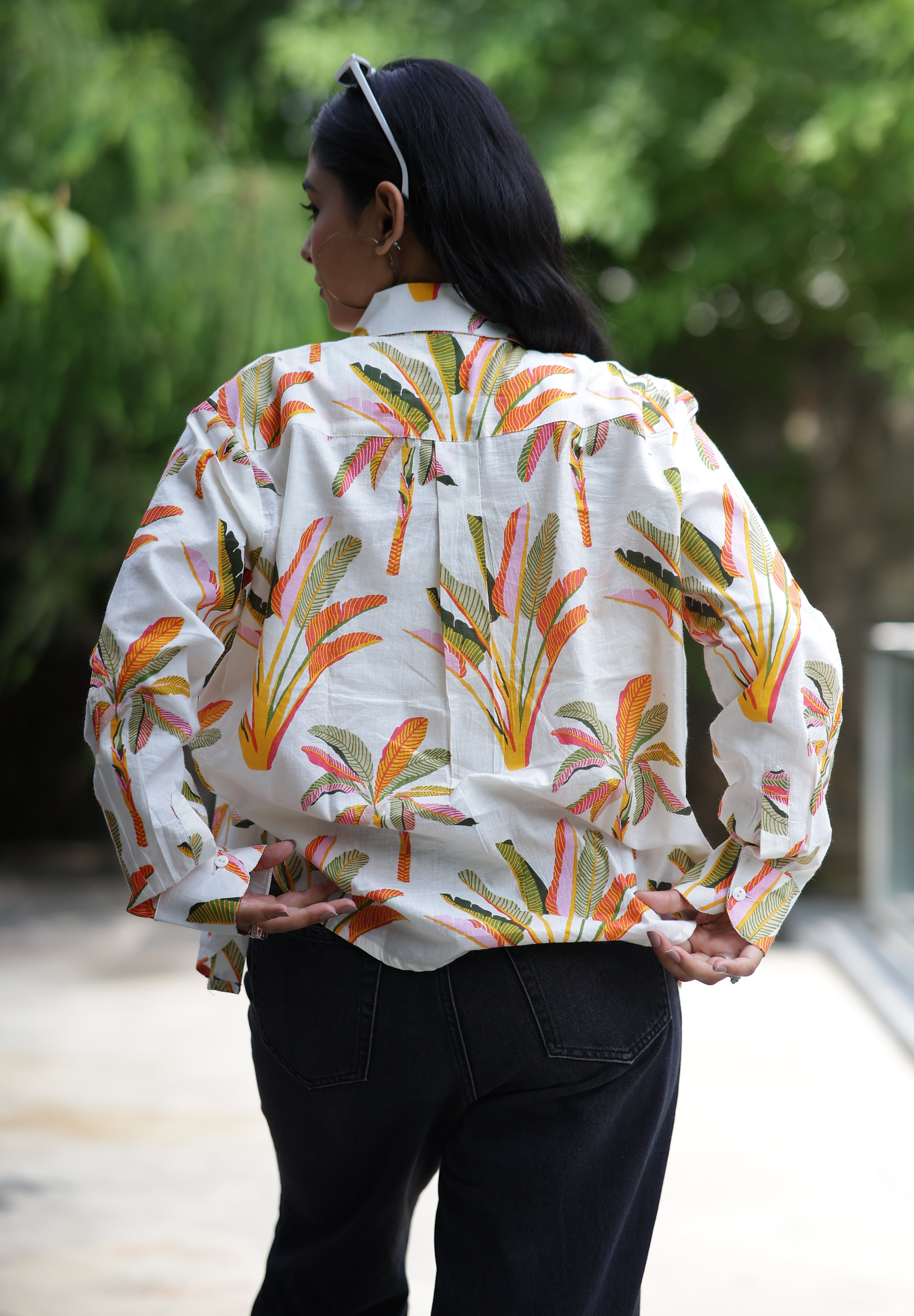 Palm Leaves on White Print 100% Cotton Full Sleeves Women's Shirt