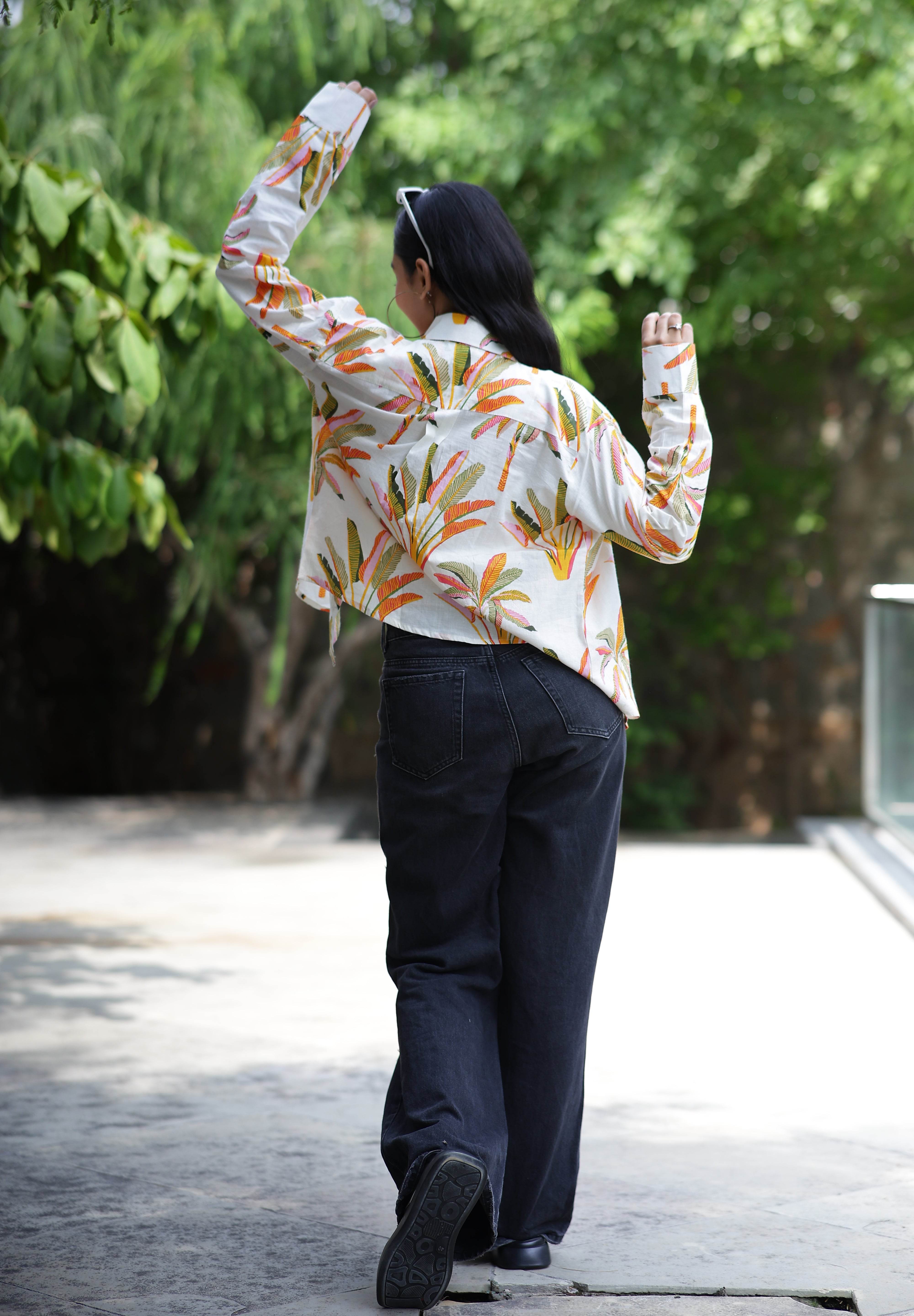 Palm Leaves on White Print 100% Cotton Full Sleeves Women's Shirt