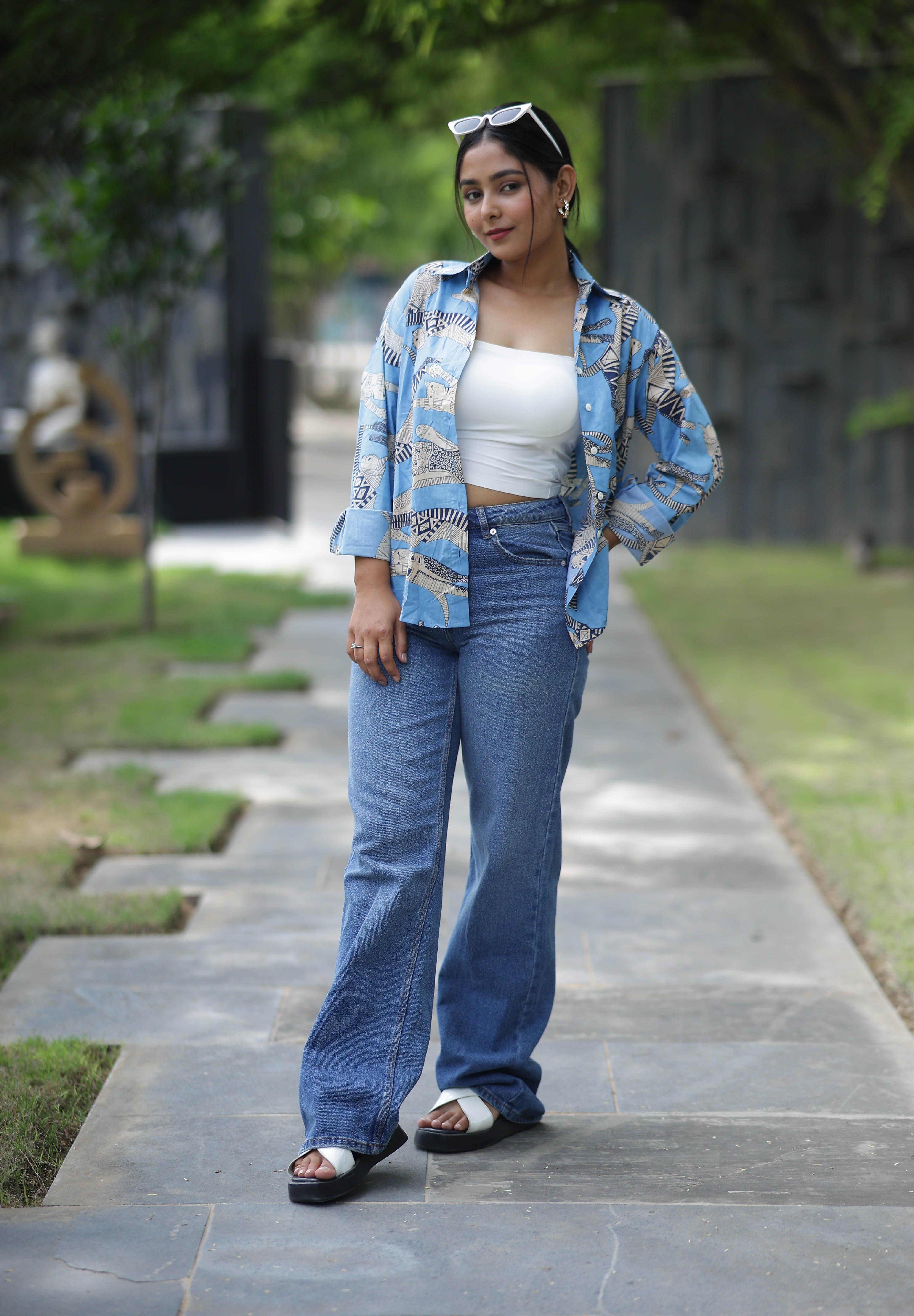 Gond Inspired on Blue Print 100% Cotton Full Sleeves Women's Shirt