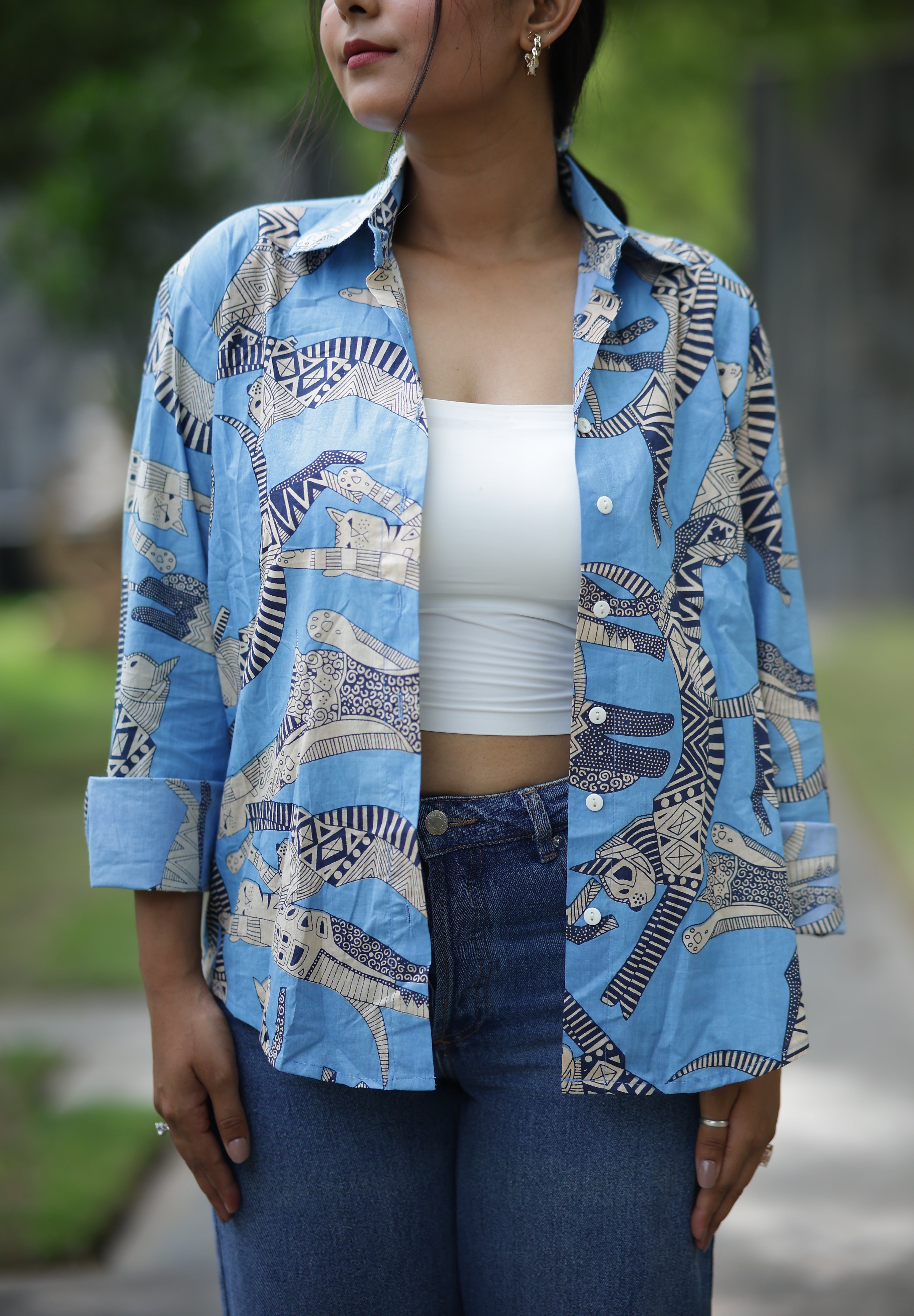 Gond Inspired on Blue Print 100% Cotton Full Sleeves Women's Shirt