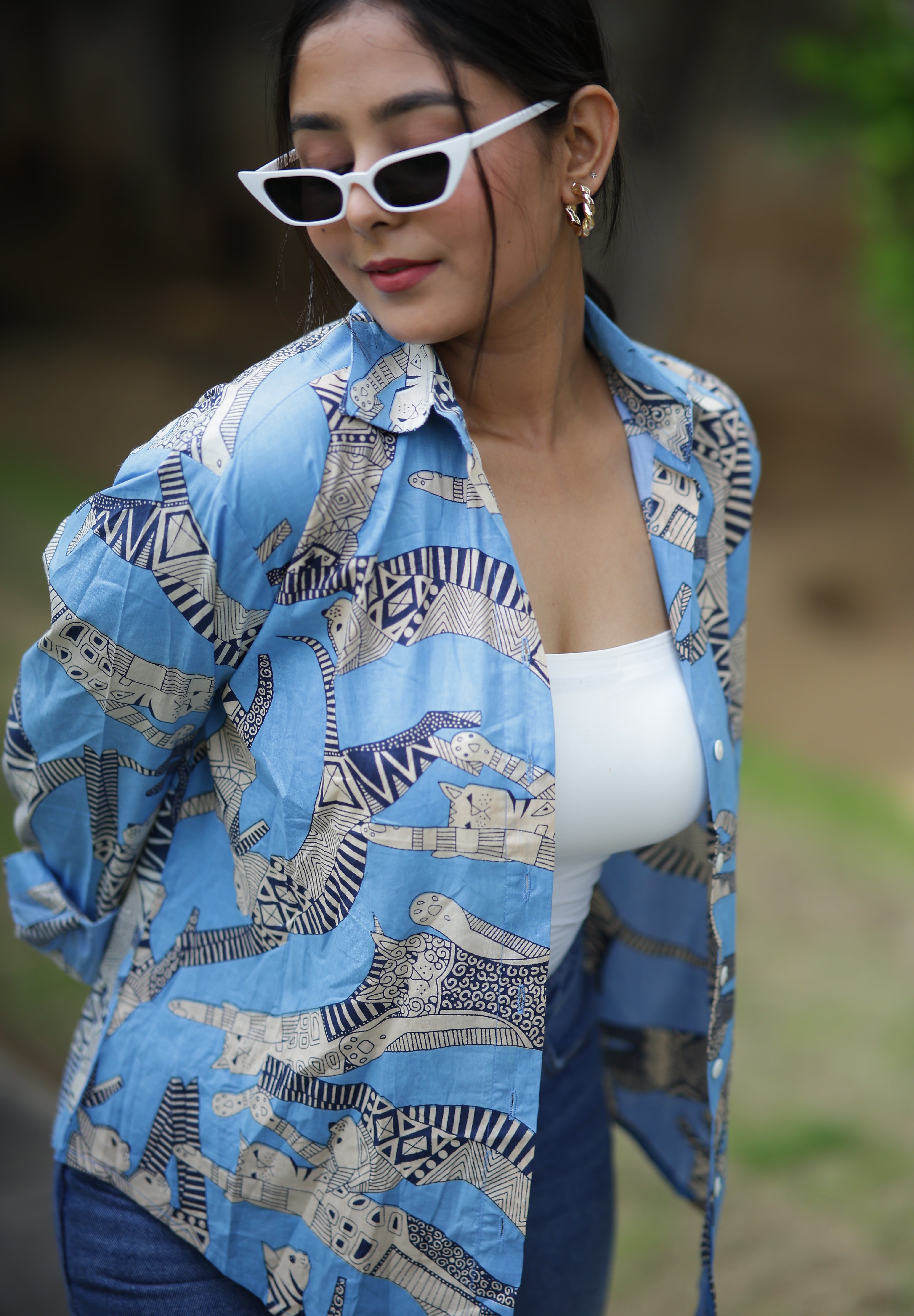 Gond Inspired on Blue Print 100% Cotton Full Sleeves Women's Shirt