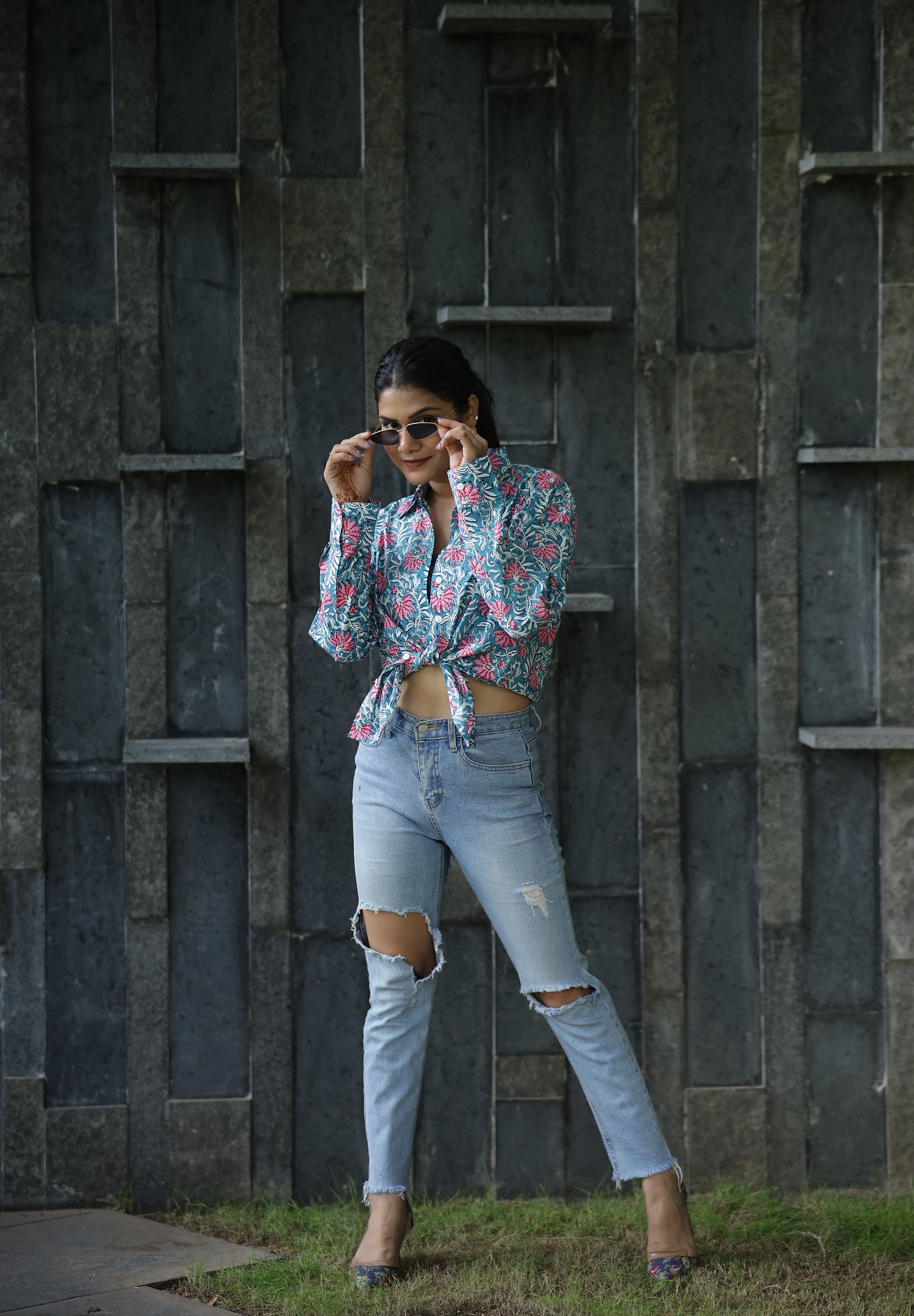 Blue Anokhi Print 100% Cotton Full Sleeves Women's Shirt