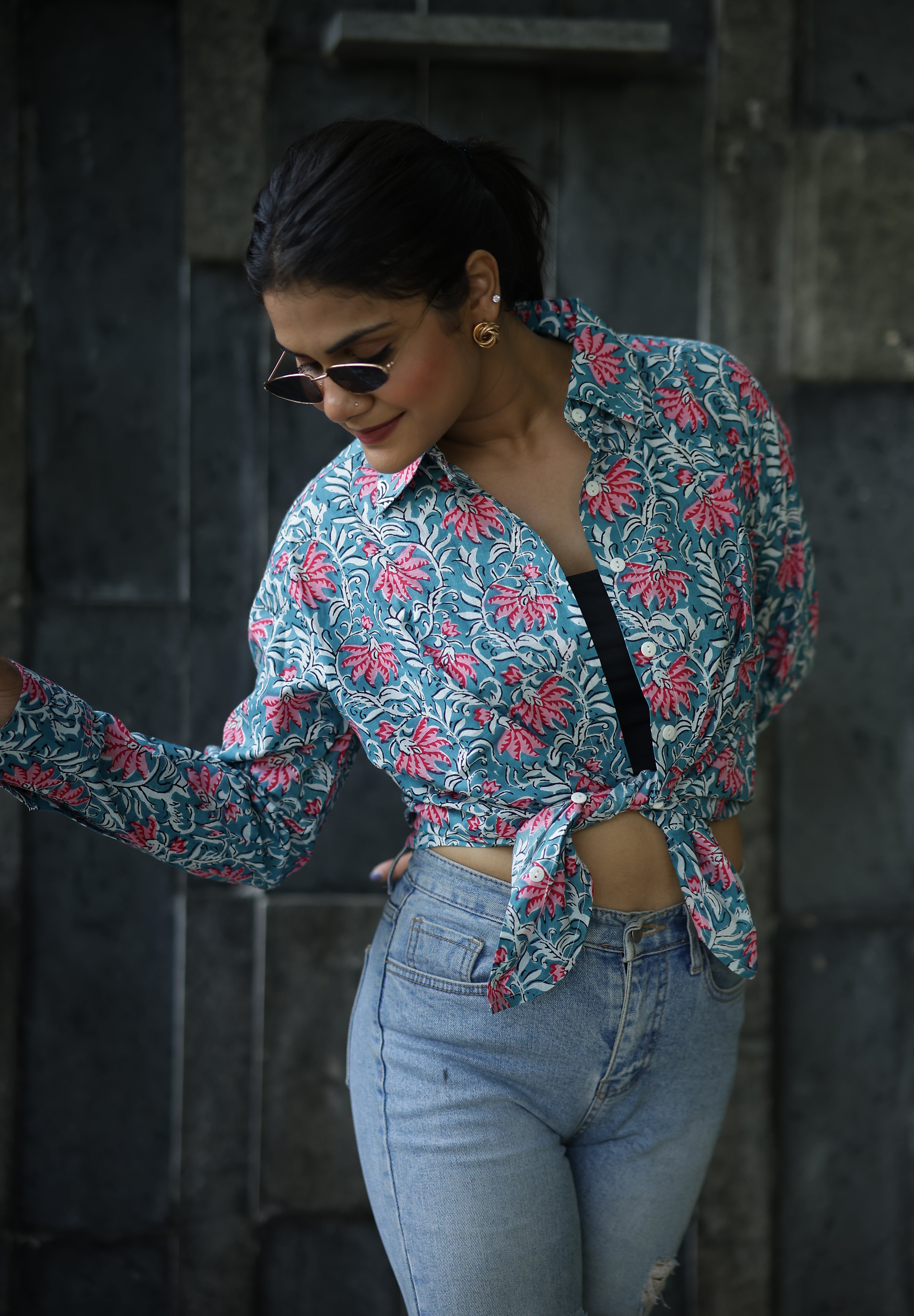 Blue Anokhi Print 100% Cotton Full Sleeves Women's Shirt