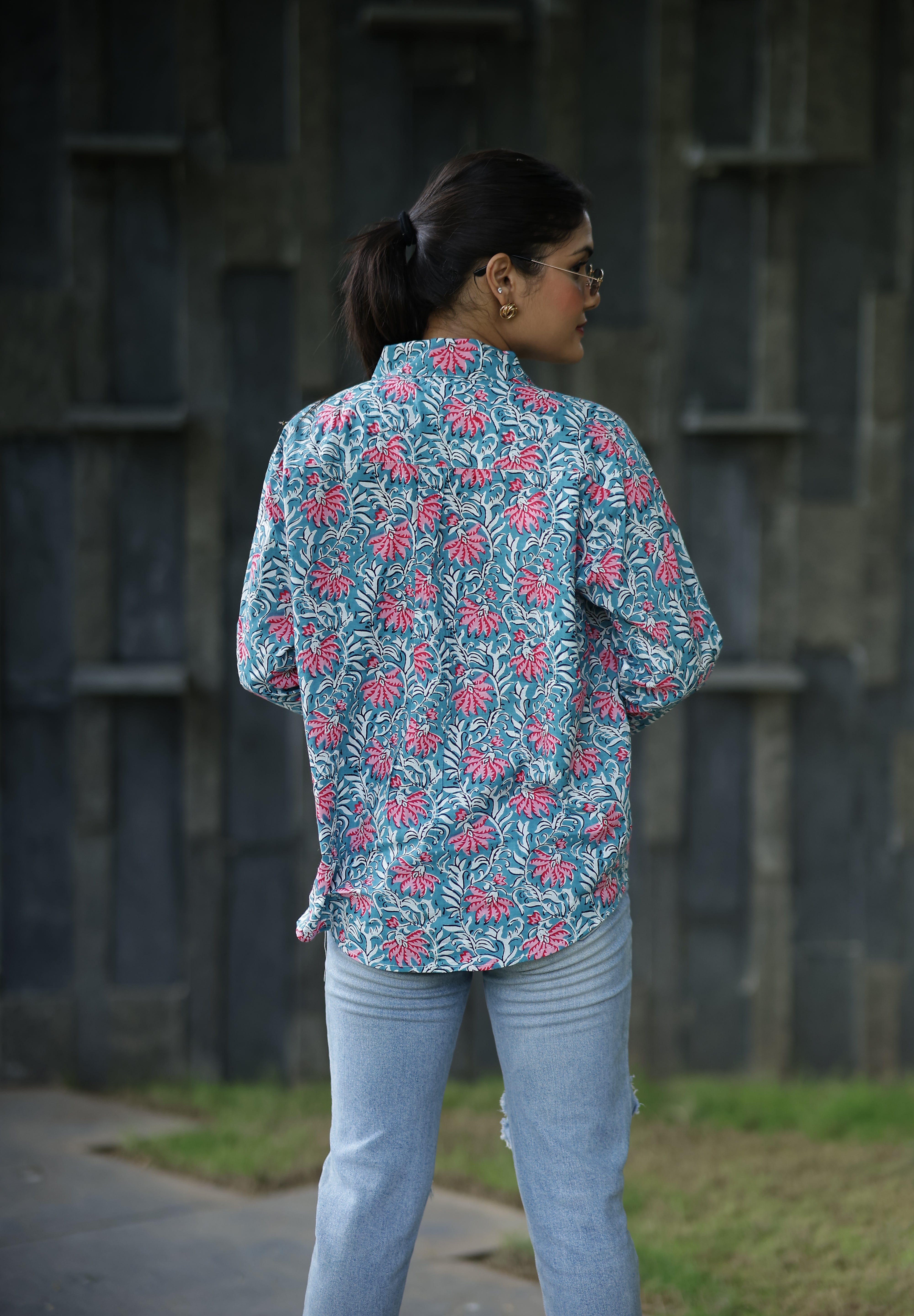 Blue Anokhi Print 100% Cotton Full Sleeves Women's Shirt