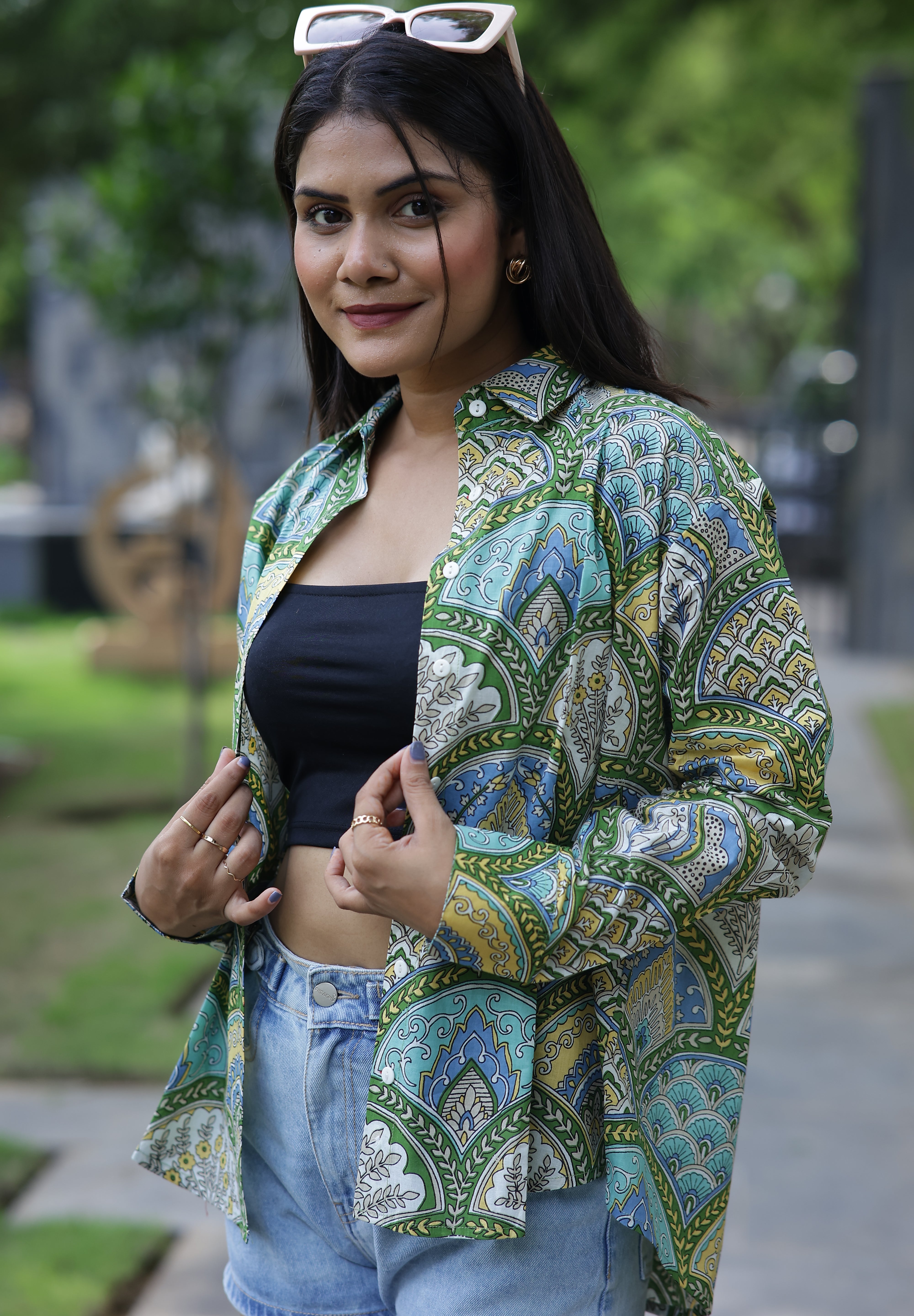 Green Scallop Print 100% Cotton Full Sleeves Women's Shirt