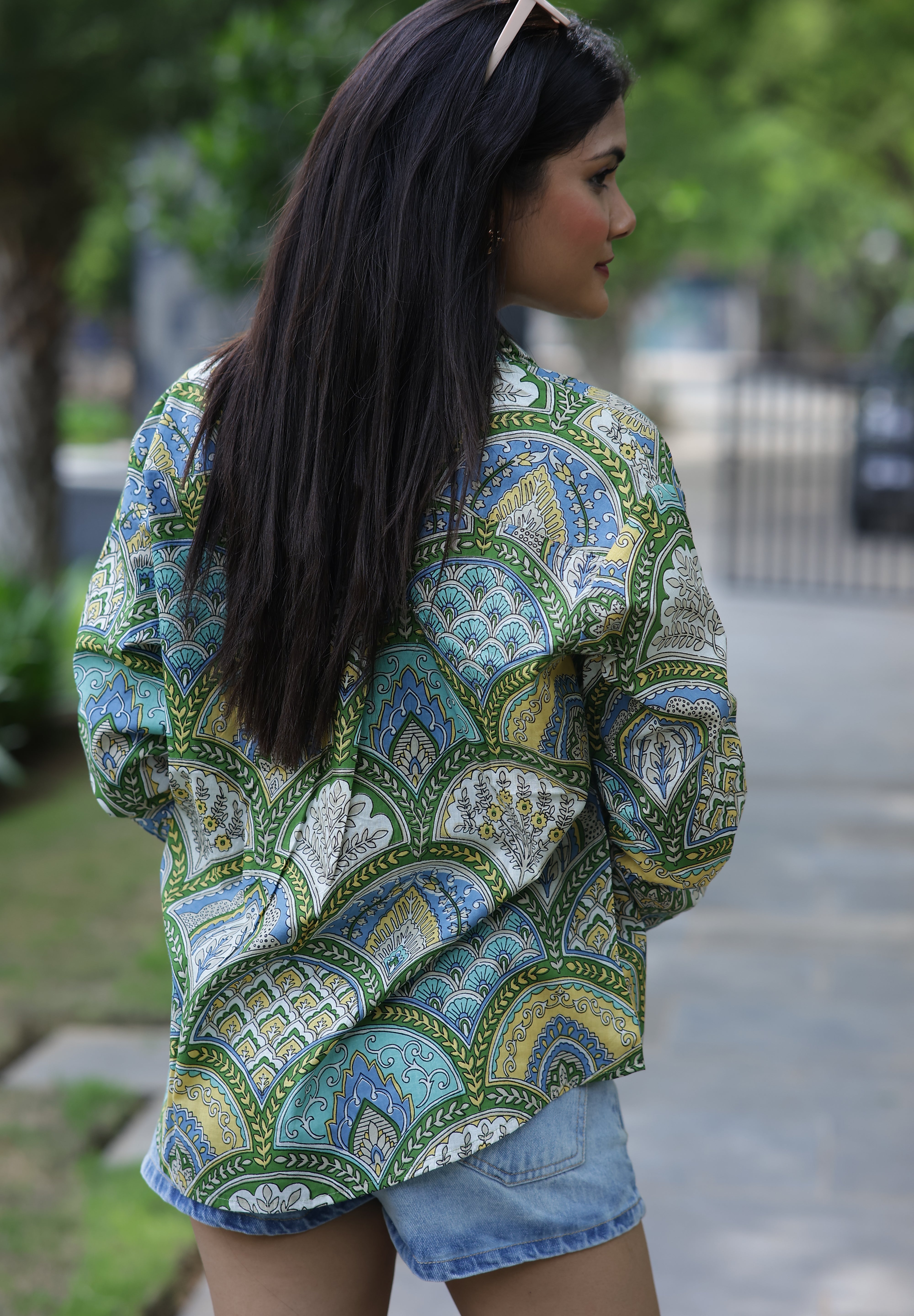 Green Scallop Print 100% Cotton Full Sleeves Women's Shirt