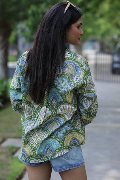 Green Scallop Print 100% Cotton Full Sleeves Women's Shirt