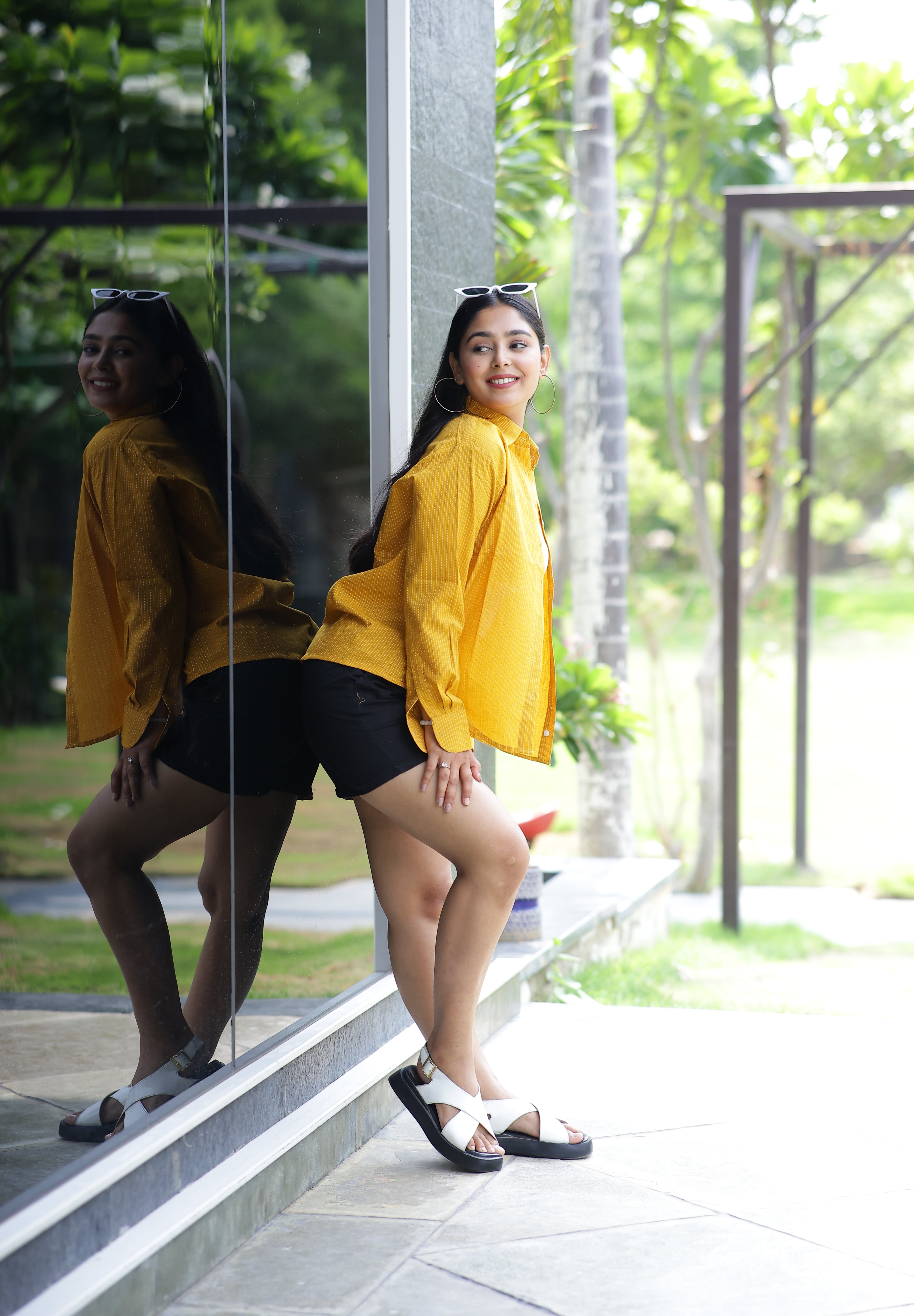 Yellow Self  Striped 100% Cotton Full Sleeves Women's Shirt