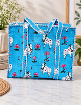 Handblock Printed Quilted Tote Bag with concealed zip ( 17x18x 6 inches)