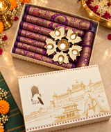 Diwali Gift Box with Banarasi Zari Table Runner, Set Of 6 Mats, 6 coaster, 6 inch Metal Urli