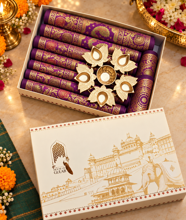 Diwali Gift Box with Banarasi Zari Table Runner, Set Of 6 Mats, 6 coaster, 6 inch Metal Urli