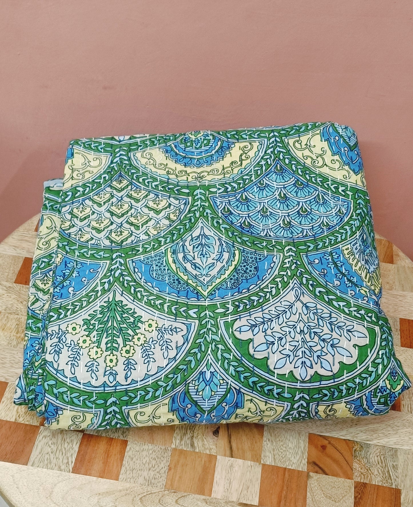 Handblock printed Kantha Bedcover