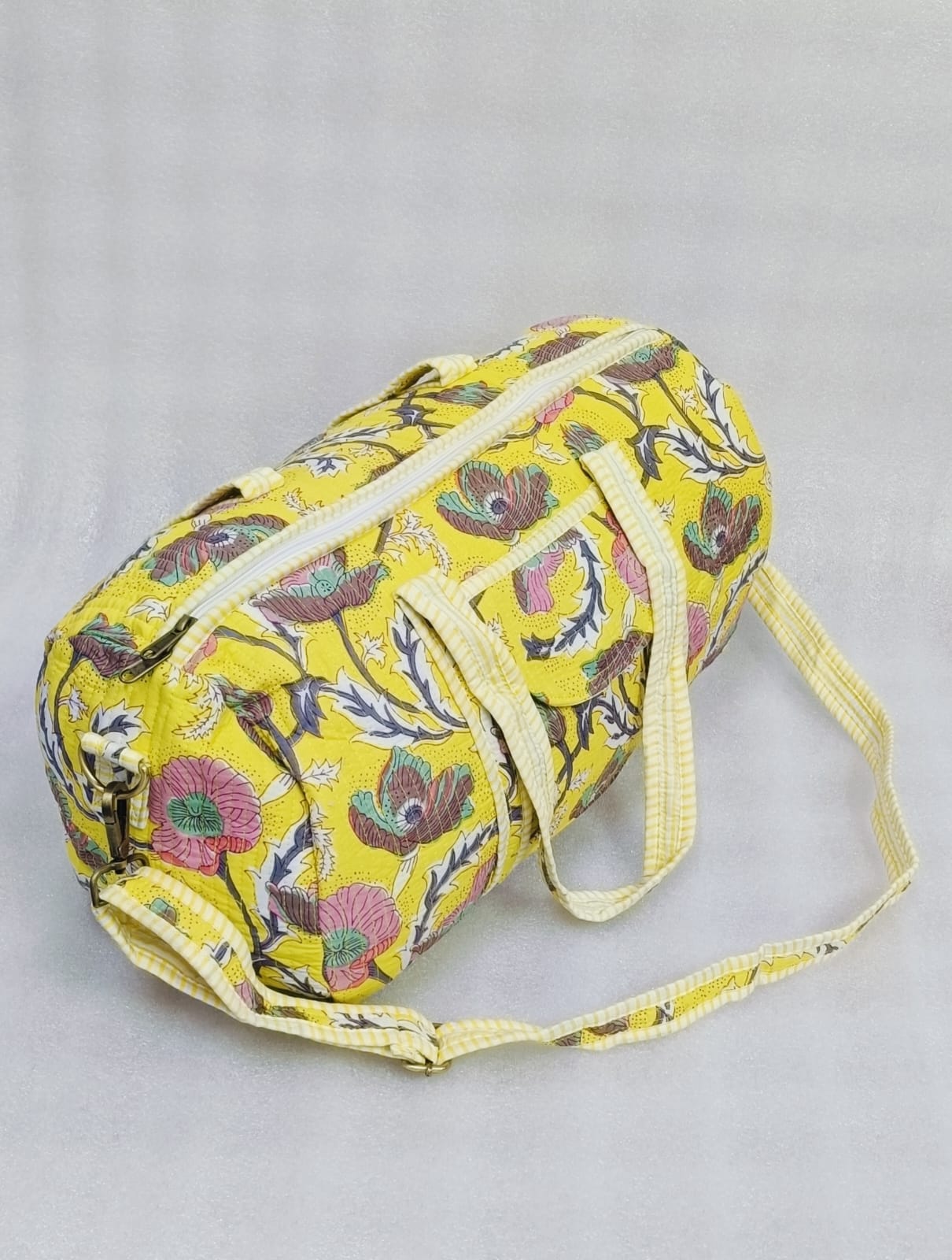 Block Printed Quilted Duffle Bag with Concealed Zip
