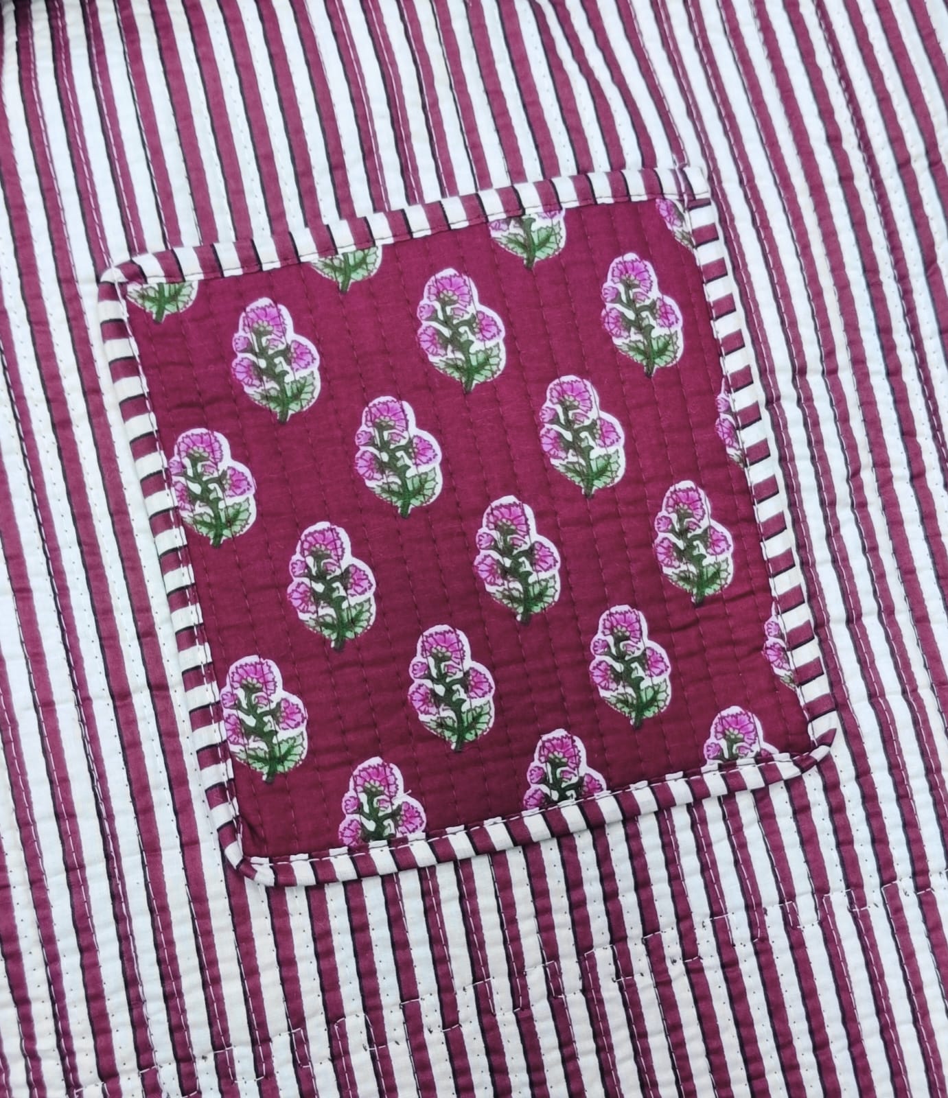 Handblock Printed Quilted Tote Bag with concealed zip ( 17x18x 6 inches)