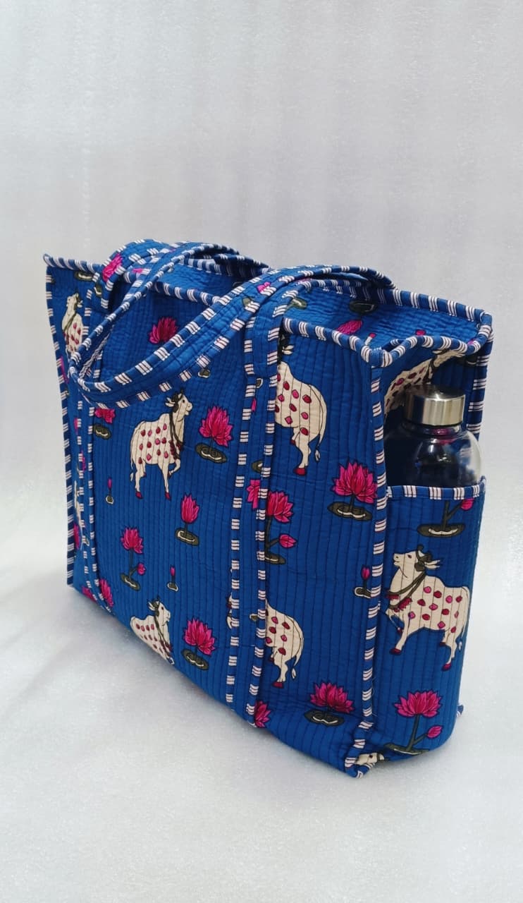 Handblock Printed Quilted Tote Bag with concealed zip ( 17x18x 6 inches)