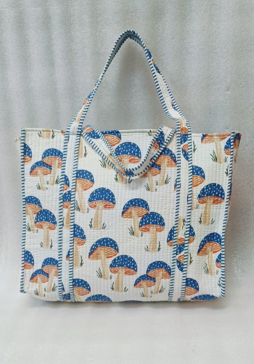 Handblock Printed Quilted Tote Bag without zip/button 17x18x 6 inches