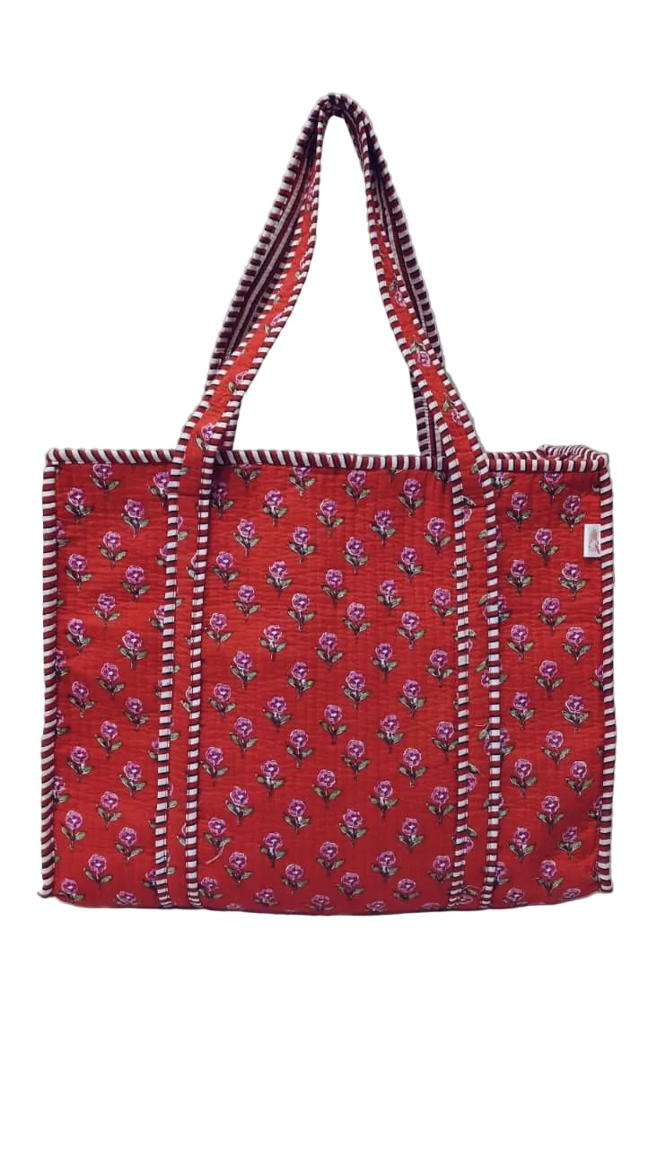 Handblock Printed Quilted Tote Bag with concealed zip ( 17x18x 6 inches)