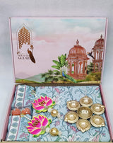 Diwali Gift Box | 1 Double Bedsheet, 1 Pair Door Hanging, 1 Metal Urli, 2 Laddoo Candles