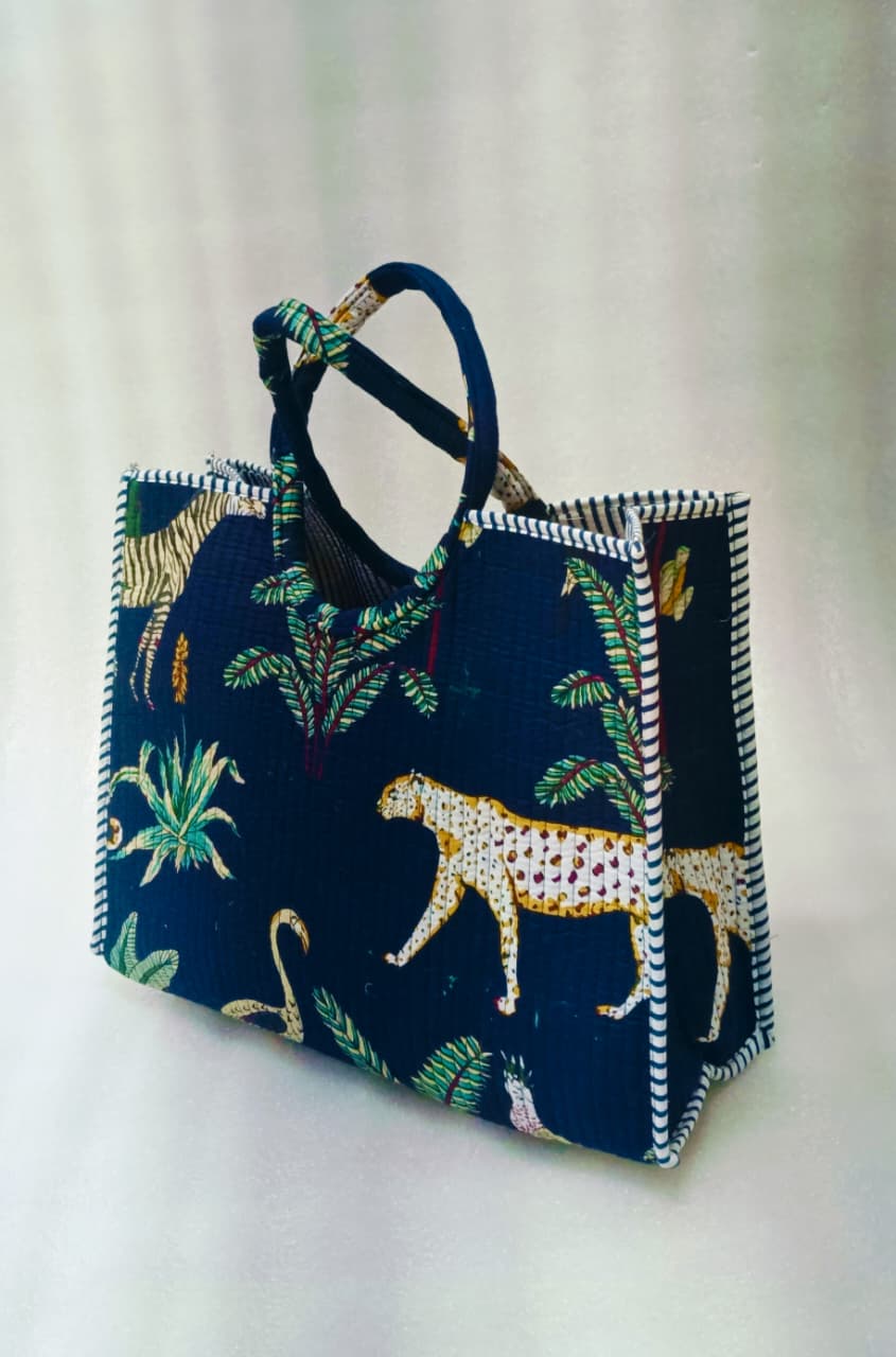 Handblock Printed Cotton Tote Bag with Unique Moon-Shaped Handle- 14x14x6 inches