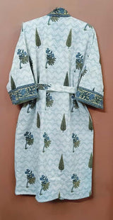 Waffle Cotton Handblock Printed Unisex Bathrobe - Free Size