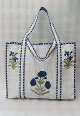 Classic White Block Printed Quilted Tote Bag without zip/button 17x18x 6 inches
