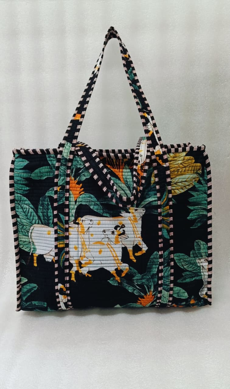 Handblock Printed Quilted Tote Bag with concealed zip ( 17x18x 6 inches)