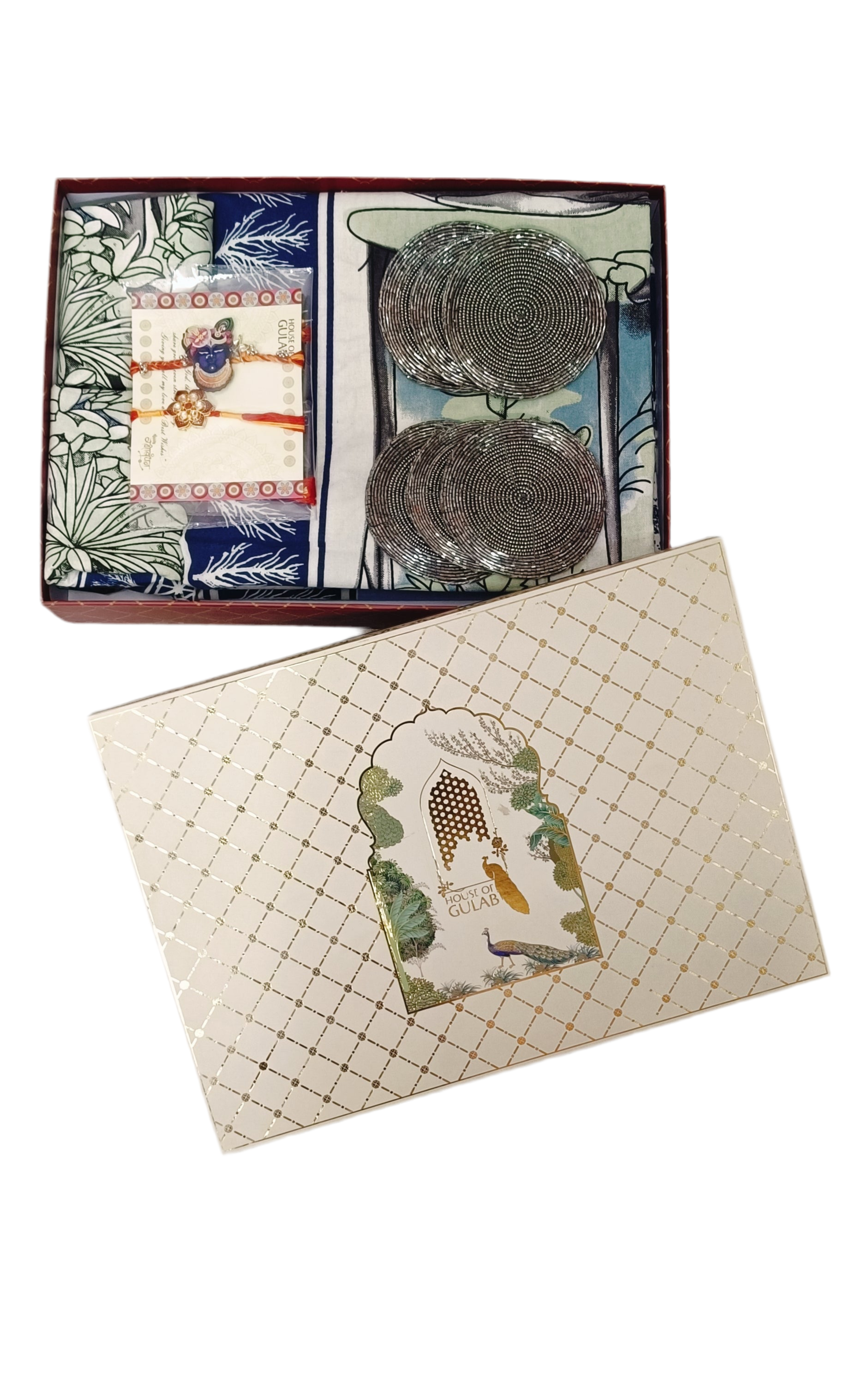 Diwali Gift Box – Double Cotton Bedsheet, 2 Rakhi & 6 Beaded Coasters