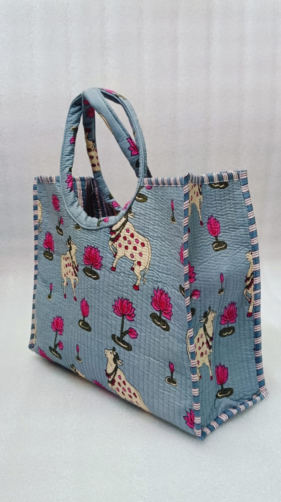 Handblock Printed Cotton Tote Bag with Unique Moon-Shaped Handle- 14x14x6 inches