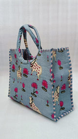 Handblock Printed Cotton Tote Bag with Unique Moon-Shaped Handle- 14x14x6 inches